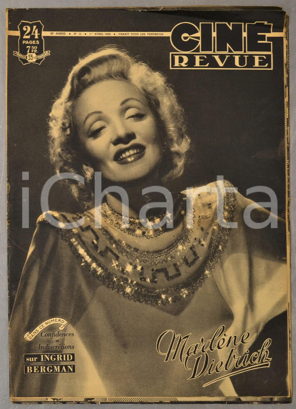 1949 CINE REVUE Marlène Dietrich - Confidences sur Ingrid Bergman n° 13  Rivista d'epoca, con illustrazioni b/n.Anno 29, n&deg; 13 - 1&deg; aprile 1949CONDIZIONI: FAIR (lieve piegatura centrale e angolare)FORMATO: 28x39 cmPAGINE: 23  originale e autentica 0