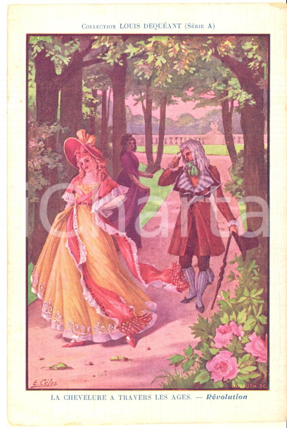 1900 ca FRANCE Lotion cheveux LOUIS DEQUEANT - Carte postale publicitaire  Cartolina postale pubblicitaria, illustrata da E. Celos e appartenente alla serie "La chevelure &agrave; travers les ages".Non viaggiata.CONDIZIONI: G (minima sbrecciatura angolare)FORMATO: FP    originale e autentica 1