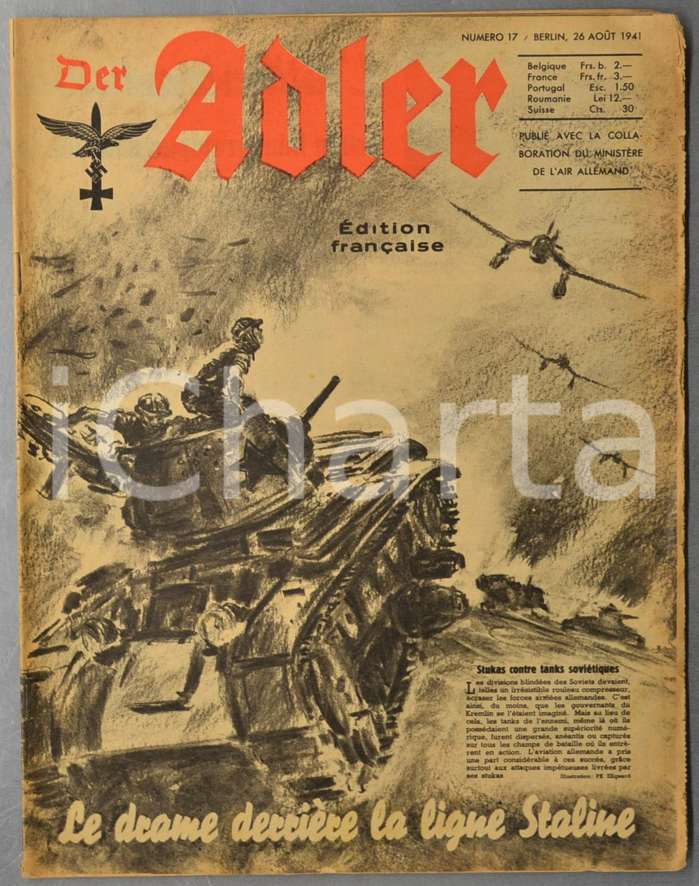 1941 WW2 DER ADLER Canot pneumatique et aviation - Femmes et usines d'armements  Rivista d'epoca, riccamente illustrata b/n.Si tratta dell'edizione francese della rivista dell'aviazione della Germania nazista.26 Agosto 1941, n&deg; 17CONDIZIONI: G (lievi tracce d'uso)FORMATO: 24x31 cmPAGINE: 22    originale e autentica 1