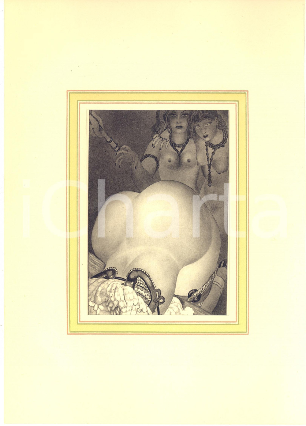 1932 VINTAGE EROTIC - FLOGGING - MARILAC Mademoiselle cinglade - Plate (3) 20x29  Tavola estratta dalla pubblicazione di Andr&eacute; Vergereau "Mademoiselle Cinglade", opera dell'illustratore Marilac (pseudonimo di Mario Laboccetta).Inserita in passepartout in cartoncino leggero.CONDIZIONI: GFORMATO: 20x29 cm (cartoncino)    originale e autentica 1
