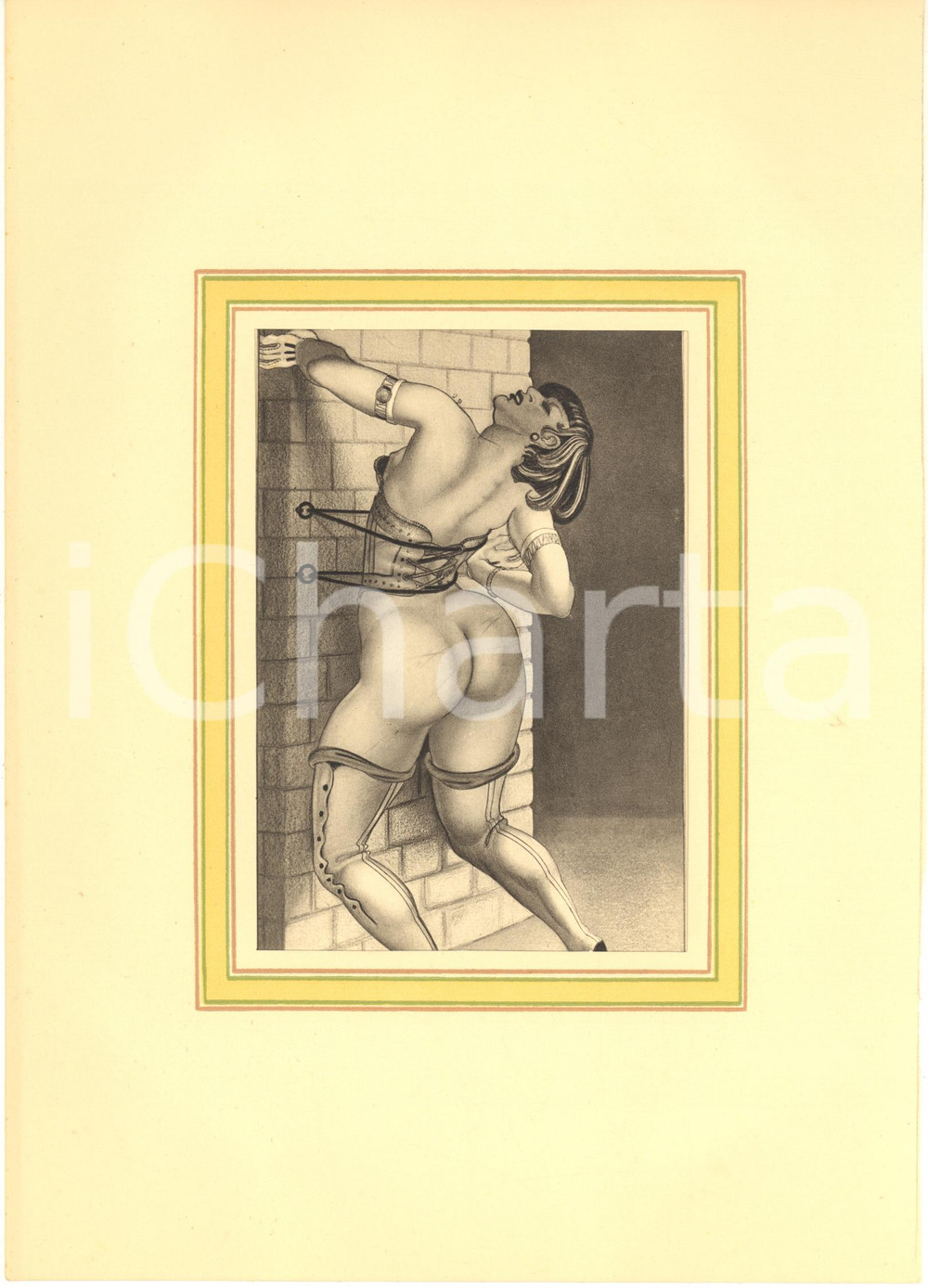 1932 VINTAGE EROTIC - FLOGGING - MARILAC Mademoiselle cinglade - Plate (5) 20x29  Tavola estratta dalla pubblicazione di Andr&eacute; Vergereau "Mademoiselle Cinglade", opera dell'illustratore Marilac (pseudonimo di Mario Laboccetta).Inserita in passepartout in cartoncino leggero.CONDIZIONI: GFORMATO: 20x29 cm (cartoncino)    originale e autentica 1