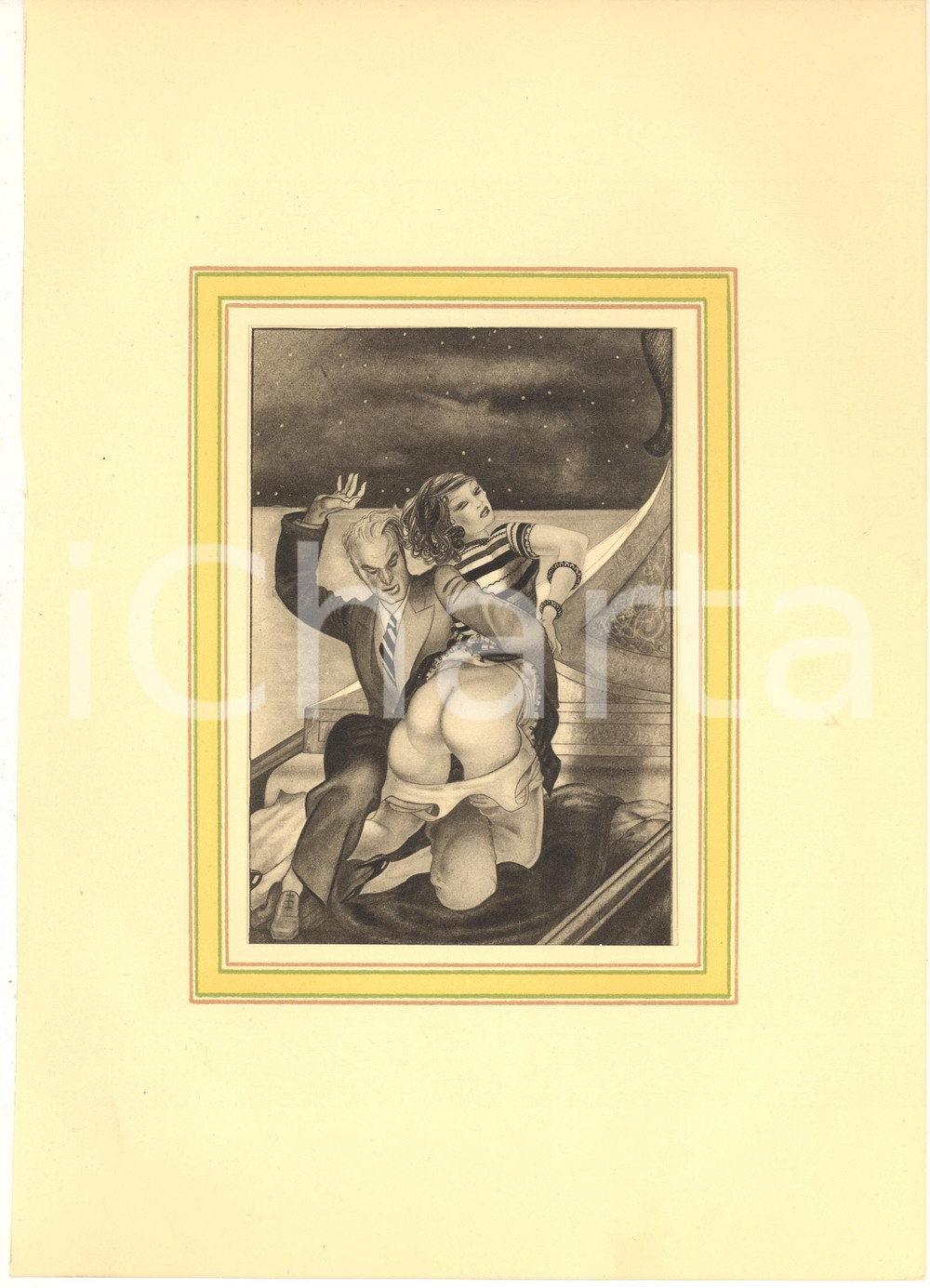 1932 VINTAGE EROTIC - FLOGGING - MARILAC Mademoiselle cinglade - Plate (7) 20x29  Tavola estratta dalla pubblicazione di Andr&eacute; Vergereau "Mademoiselle Cinglade", opera dell'illustratore Marilac (pseudonimo di Mario Laboccetta).Inserita in passepartout in cartoncino leggero.CONDIZIONI: POOR (strappo di circa 1 cm al lato superiore della tavola)FORMATO: 20x29 cm (cartoncino)    originale e autentica 1