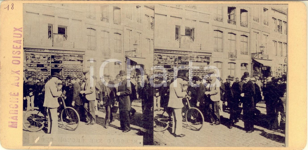 1890 ca LIEGE (BELGIQUE) Marché aux oiseaux - RARE Stereoscopic photo Fotografia stereoscopica d'epoca, su cartoncino rigido.FORMATO: 17x8 cmCONDIZIONI: FAIR (piccole sbrecciature superficiali)    originale e autentica 1