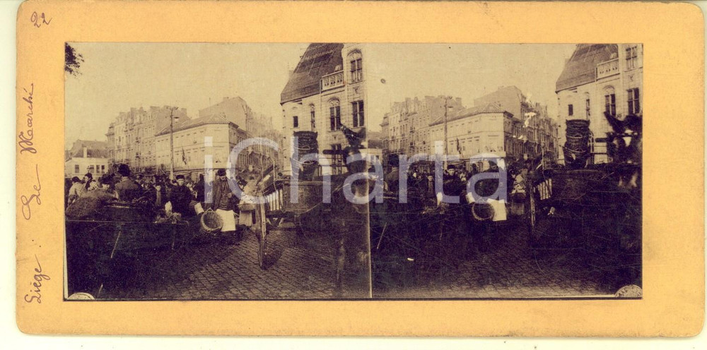 1890 ca LIEGE (BELGIQUE) Vue du marché - RARE Stereoscopic vintage photo Fotografia stereoscopica d'epoca, su cartoncino rigido.FORMATO: 17x8 cmCONDIZIONI: G  originale e autentica 0