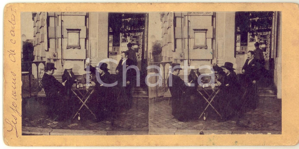1890 ca LIEGE (BELGIQUE) Un café - Joueurs de carte  - RARE Stereoscopic photo Fotografia stereoscopica d'epoca, su cartoncino rigido.FORMATO: 17x8 cmCONDIZIONI: G    originale e autentica 1