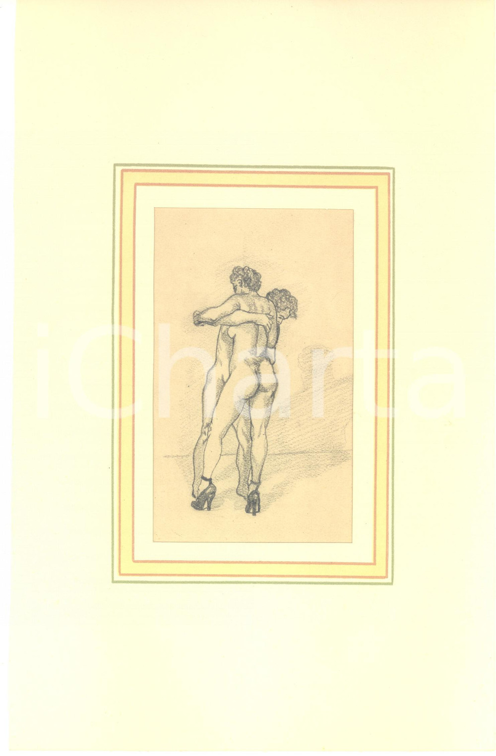 1920 ca EROTICA VINTAGE Coppia nuda con tacchi *Disegno matita 18x28 cm  Interessante disegno originale a matita su carta, montato su passepartout in cartoncino.CONDIZIONI: GFORMATO: 28x18 cm (cartoncino); 10x18 cm (disegno)    originale e autentica 1