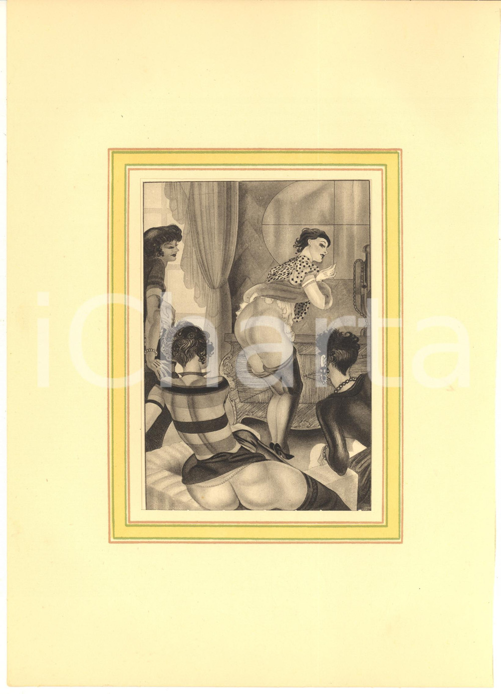 1932 VINTAGE EROTIC - FLOGGING - MARILAC Mademoiselle cinglade - Plate (1) 20x29  Tavola estratta dalla pubblicazione di Andr&eacute; Vergereau "Mademoiselle Cinglade", opera dell'illustratore Marilac (pseudonimo di Mario Laboccetta).Inserita in passepartout in cartoncino leggero.CONDIZIONI: GFORMATO: 20x29 cm (cartoncino)    originale e autentica 1
