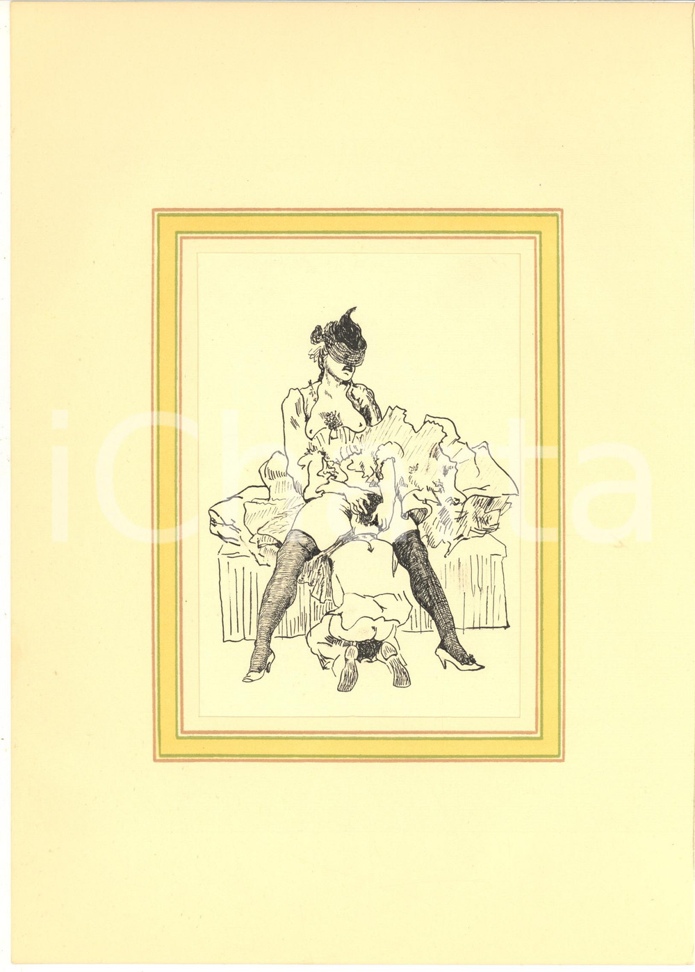 1930 ca EROTICA VINTAGE Scena di sesso orale - Donna con veletta - China 20x28  Interessante disegno originale a china su carta, montato su passepartout in cartoncino.CONDIZIONI: GFORMATO: 20x28 cm (cartoncino); 13x18 cm (disegno)    originale e autentica 1
