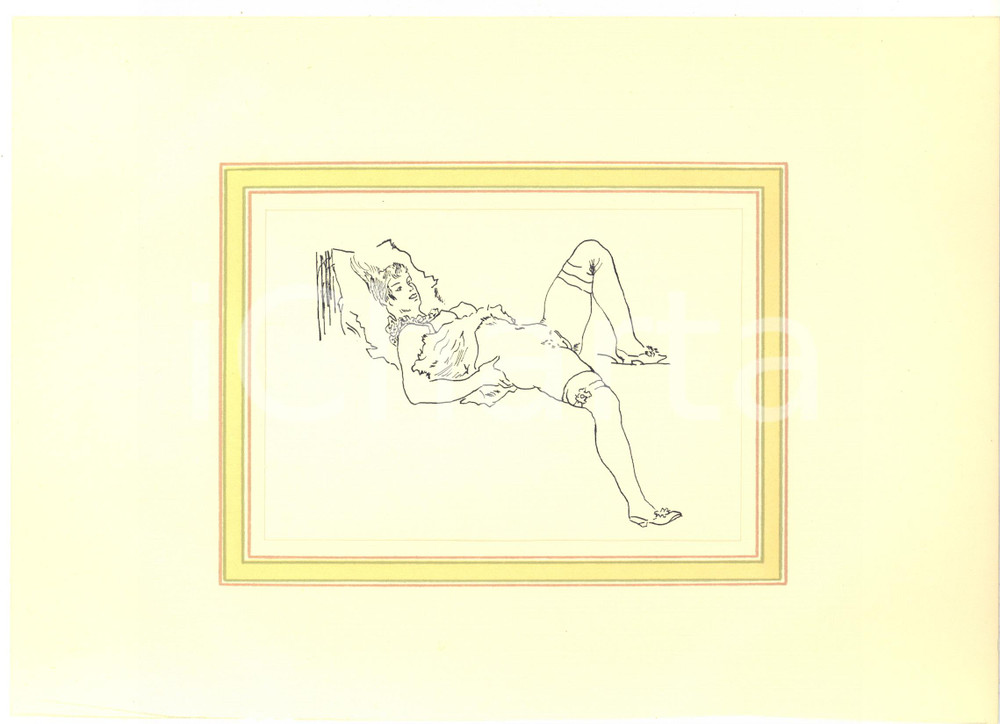 1930 ca EROTICA VINTAGE Donna sdraiata sul letto in autoreggenti - China 28x18  Interessante disegno originale a china su carta, montato su passepartout in cartoncino.CONDIZIONI: GFORMATO: 28x18 cm (cartoncino); 18x13 cm (disegno)    originale e autentica 1