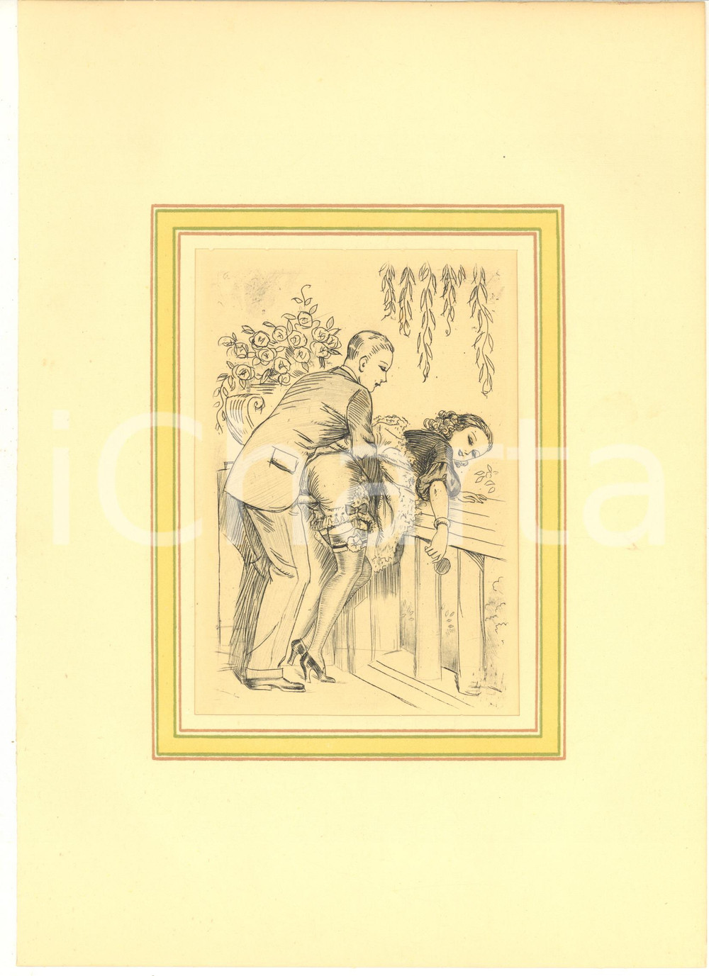 1930 ca VINTAGE EROTIC  Couple having sex in a terrace - Engraving 20x28 cm  Stampa originale d'epoca, montata su passepartout in cartoncino.CONDIZIONI: GFORMATO: 20x28 cm (cartoncino); 13x18 cm (stampa)    originale e autentica 1