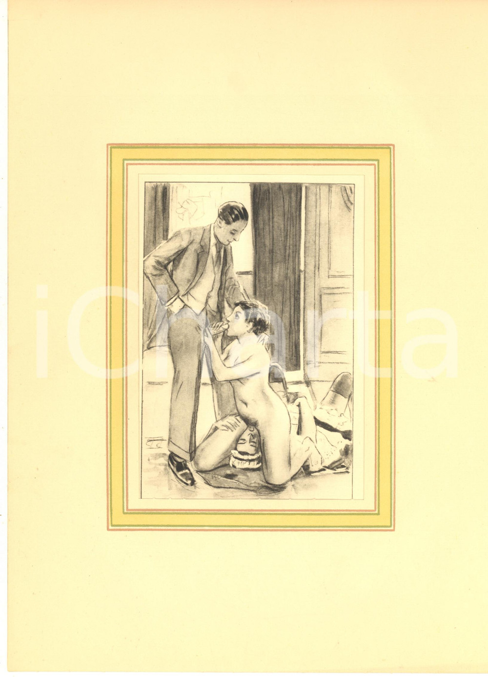 1930 ca VINTAGE EROTIC  Threesome - Sex in the living room - Engraving 20x28 cm  Stampa originale d'epoca, montata su passepartout in cartoncino.CONDIZIONI: GFORMATO: 20x28 cm (cartoncino); 12x19 cm (stampa)    originale e autentica 1