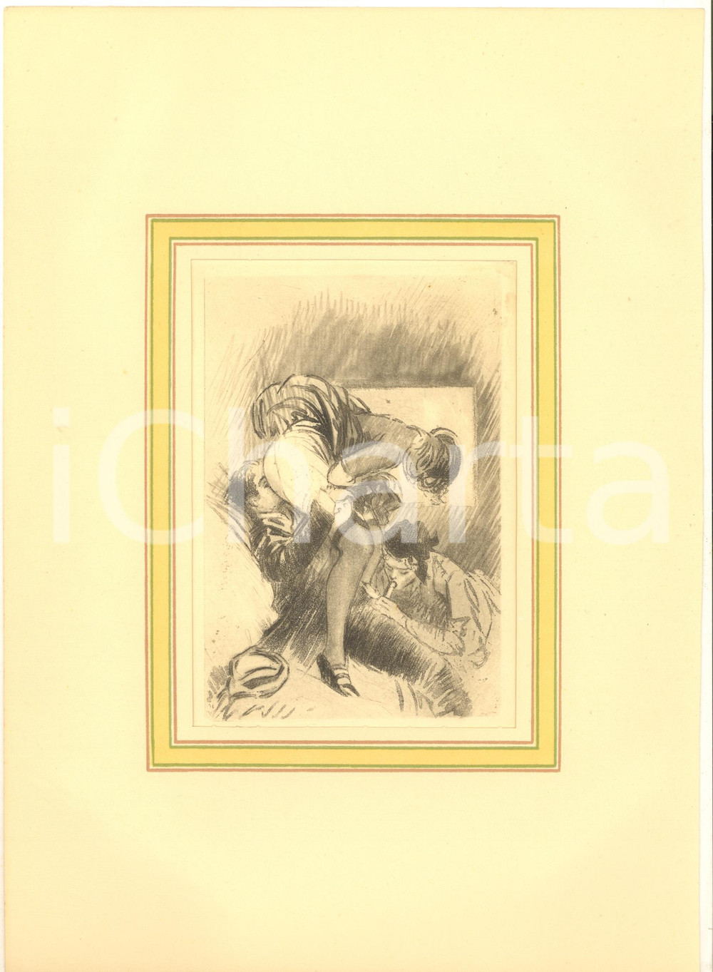 1930 ca VINTAGE EROTIC  Threesome - Two woman and a man (1) Engraving 20x28 cm  Stampa originale d'epoca, montata su passepartout in cartoncino.CONDIZIONI: GFORMATO: 20x28 cm (cartoncino); 14x19 cm (stampa)    originale e autentica 1