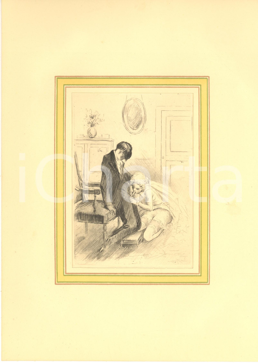 1930 ca VINTAGE EROTIC  Couple in a living room - Oral sex (1) Engraving 20x28  Stampa originale d'epoca, montata su passepartout in cartoncino.CONDIZIONI: GFORMATO: 20x28 cm (cartoncino); 14x19 cm (stampa)    originale e autentica 1