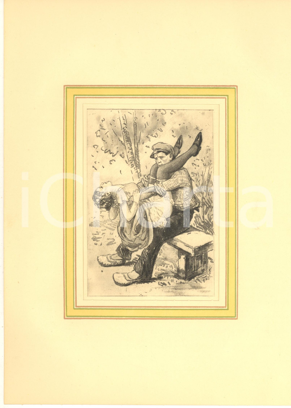 1930 ca VINTAGE EROTIC Couple having sex on a bench - Engraving 20x28 cm  Stampa originale d'epoca, montata su passepartout in cartoncino.CONDIZIONI: G (ma piegatura angolare al cartoncino)FORMATO: 20x28 cm (cartoncino); 14x19 cm (stampa)    originale e autentica 1