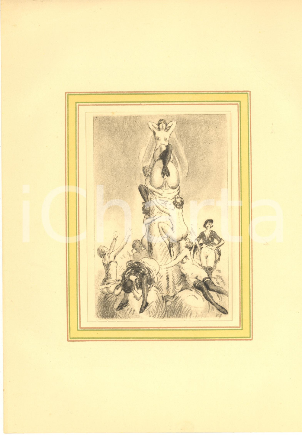 1930 ca VINTAGE EROTIC Women on a big phallus - Engraving 20x28 cm  Stampa originale d'epoca, montata su passepartout in cartoncino.CONDIZIONI: G FORMATO: 20x28 cm (cartoncino); 14x19 cm (stampa)    originale e autentica 1