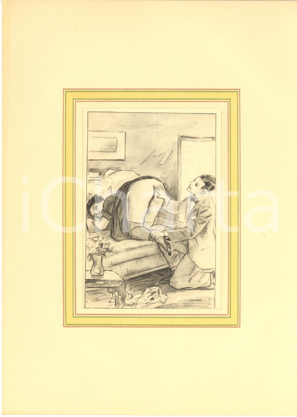 1930 ca VINTAGE EROTIC Couple ready for sex on a sofa - Engraving 20x28 cm  Stampa originale d'epoca, montata su passepartout in cartoncino.CONDIZIONI: G FORMATO: 20x28 cm (cartoncino); 13x19 cm (stampa)    originale e autentica 1