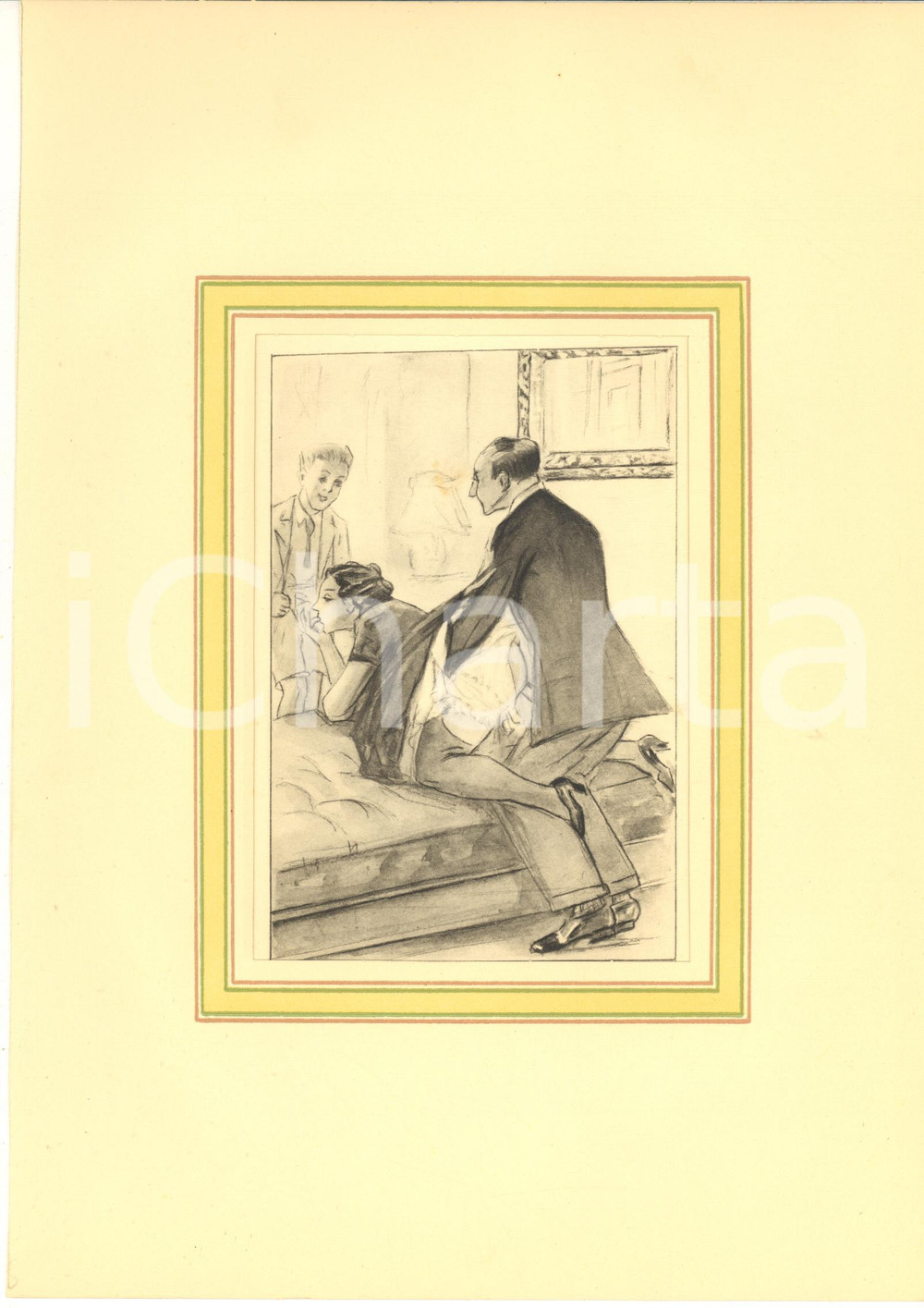 1930 ca VINTAGE EROTIC Threesome - Woman with two men - Engraving 20x28 cm  Stampa originale d'epoca, montata su passepartout in cartoncino.CONDIZIONI: G FORMATO: 20x28 cm (cartoncino); 13x19 cm (stampa)    originale e autentica 1