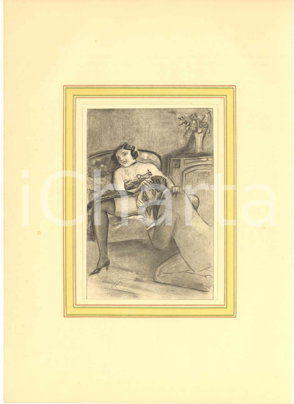 1930 ca VINTAGE EROTIC Couple on a sofa - Oral sex - Engraving 20x28 cm  Stampa originale d'epoca, montata su passepartout in cartoncino.CONDIZIONI: G FORMATO: 20x28 cm (cartoncino); 13x19 cm (stampa)    originale e autentica 1