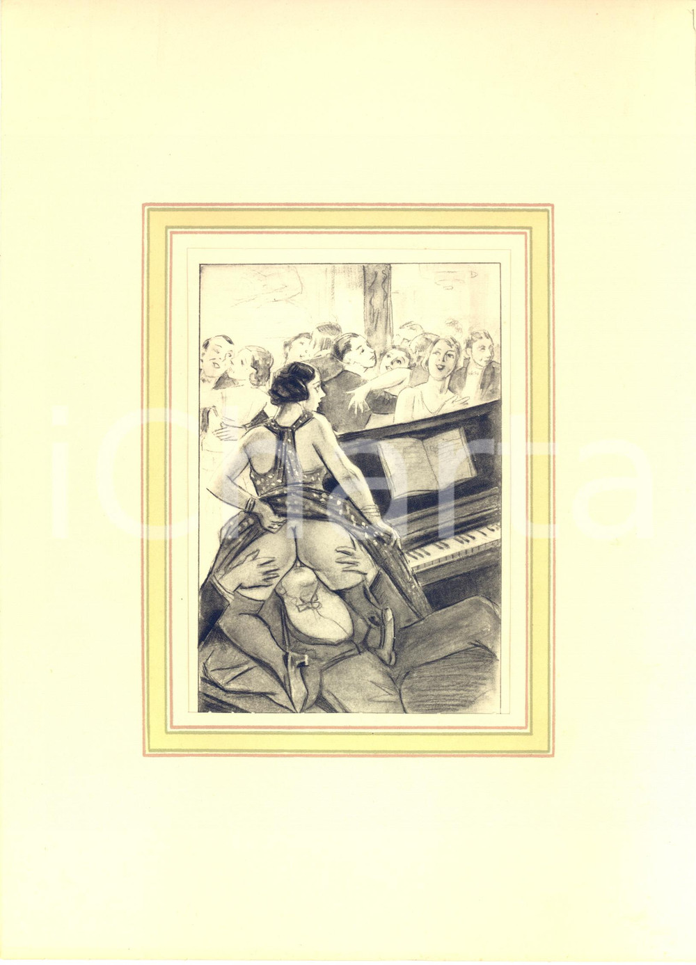 1930 ca VINTAGE EROTIC Couple having sex in a dance hall - Engraving 20x28 cm  Stampa originale d'epoca, montata su passepartout in cartoncino.CONDIZIONI: FAIR (piegatura angolare)FORMATO: 20x28 cm (cartoncino); 12x19 cm (stampa)    originale e autentica 1