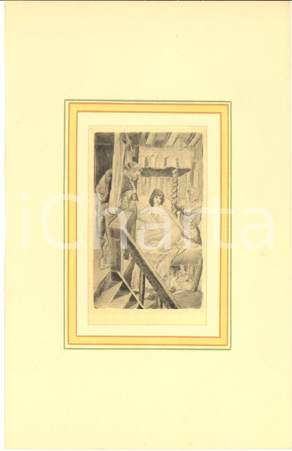 1930 ca VINTAGE EROTIC Nude woman observed by three men - Engraving 18x29 cm  Stampa originale d'epoca, montata su passepartout in cartoncino.CONDIZIONI: GFORMATO: 18x29 cm (cartoncino); 10x15 cm (stampa)    originale e autentica 1