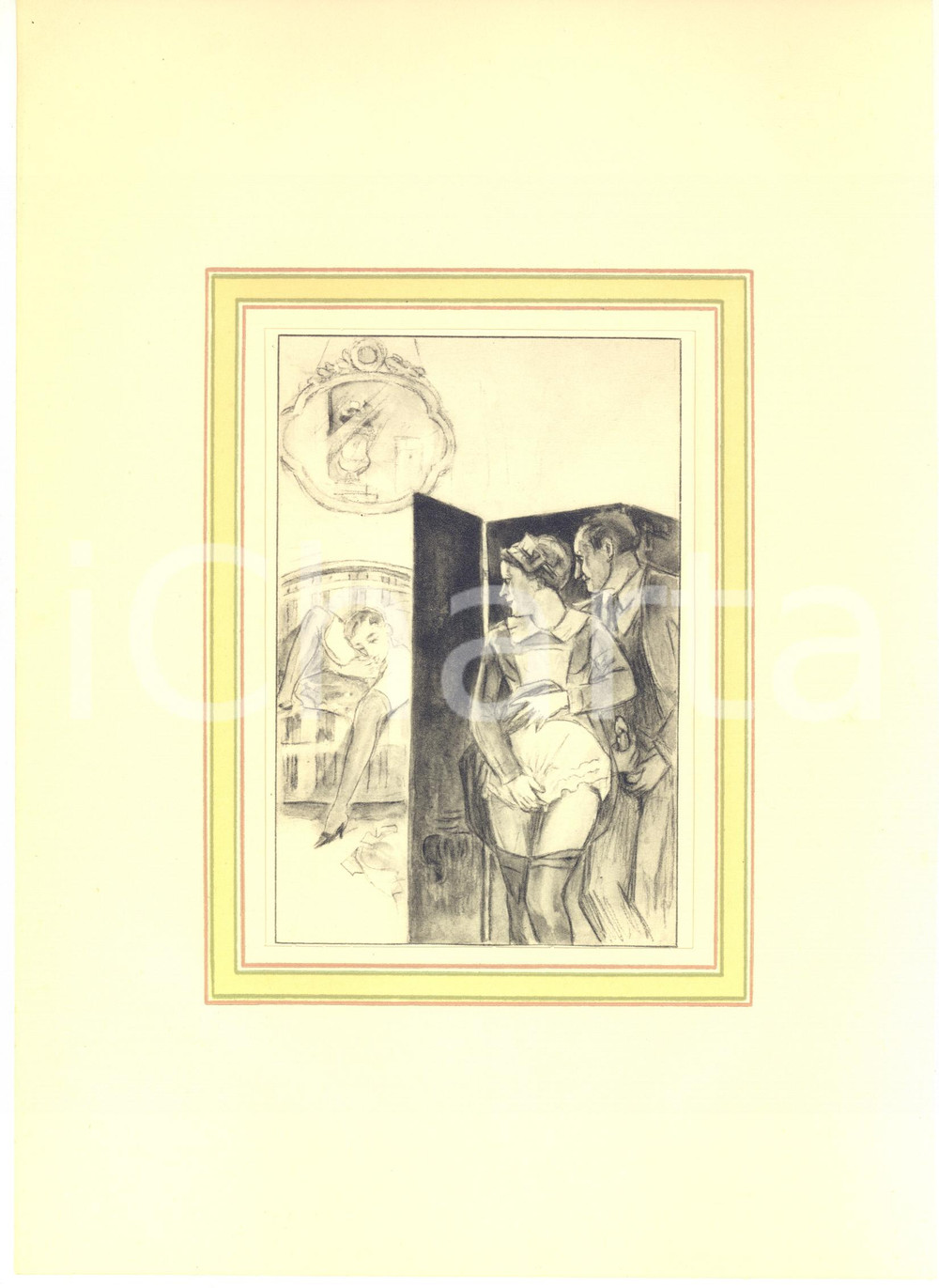 1930 ca VINTAGE EROTIC Couple spying on a sex scene - Engraving 20x28 cm  Stampa originale d'epoca, montata su passepartout in cartoncino.CONDIZIONI: G FORMATO: 20x28 cm (cartoncino); 12x19 cm (stampa)    originale e autentica 1