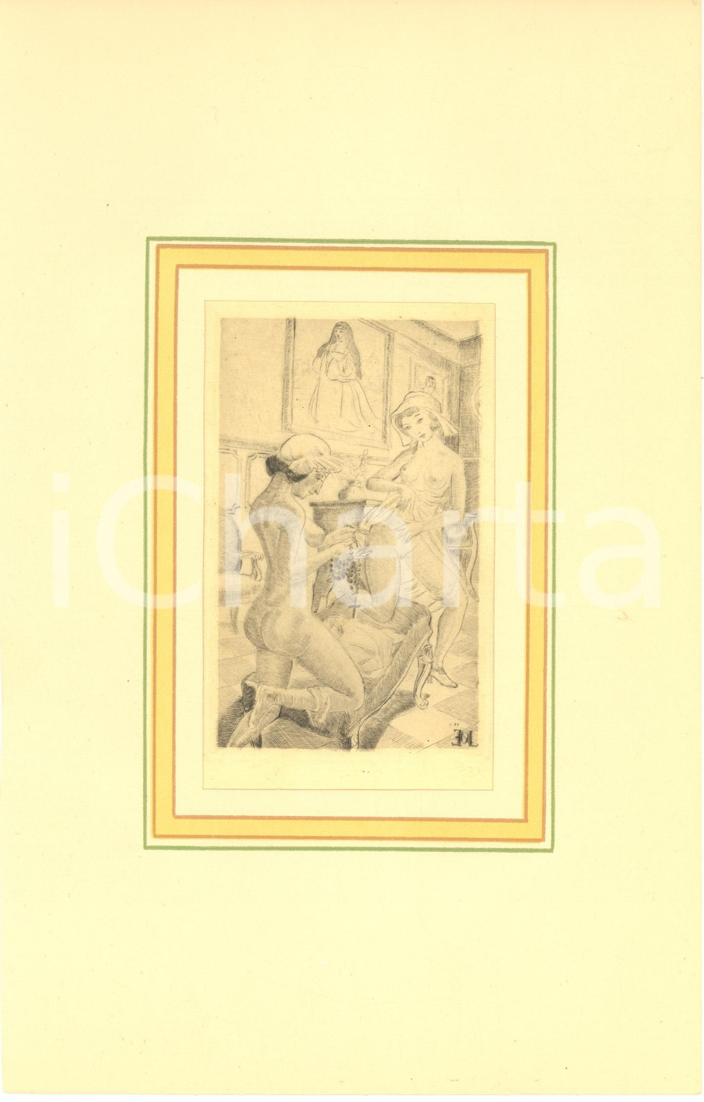 1930 ca VINTAGE EROTIC Nude lesbian couple with a rosary - Engraving 18x29 cm  Stampa originale d'epoca, montata su passepartout in cartoncino.CONDIZIONI: GFORMATO: 18x29 cm (cartoncino); 10x15 cm (stampa)    originale e autentica 1