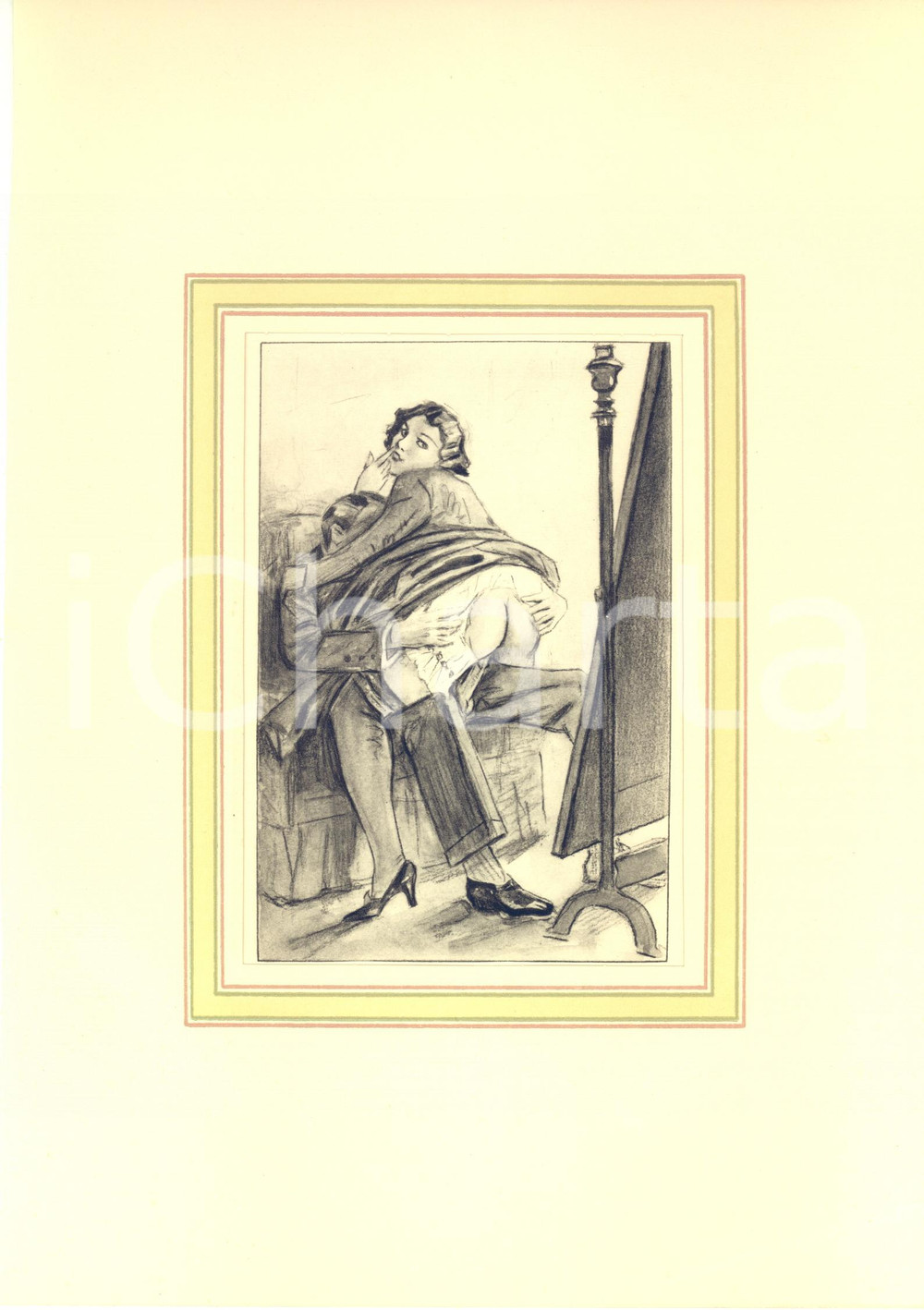 1930 ca VINTAGE EROTIC Couple having sex in front of a mirror - Engraving 20x28  Stampa originale d'epoca, montata su passepartout in cartoncino.CONDIZIONI: FAIR (piegatura angolare)FORMATO: 20x28 cm (cartoncino); 12x19 cm (stampa)    originale e autentica 1