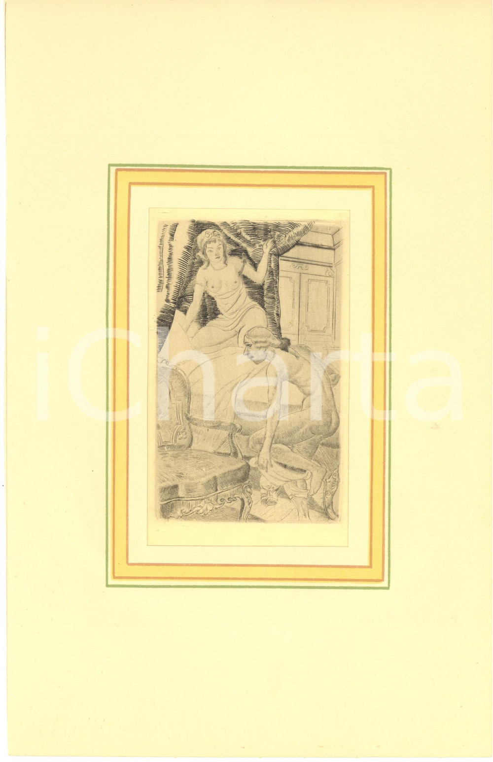1930 ca VINTAGE EROTIC Couple undressing in the bedroom - Engraving 18x29 cm  Stampa originale d'epoca, montata su passepartout in cartoncino.CONDIZIONI: GFORMATO: 18x29 cm (cartoncino); 10x15 cm (stampa)    originale e autentica 1