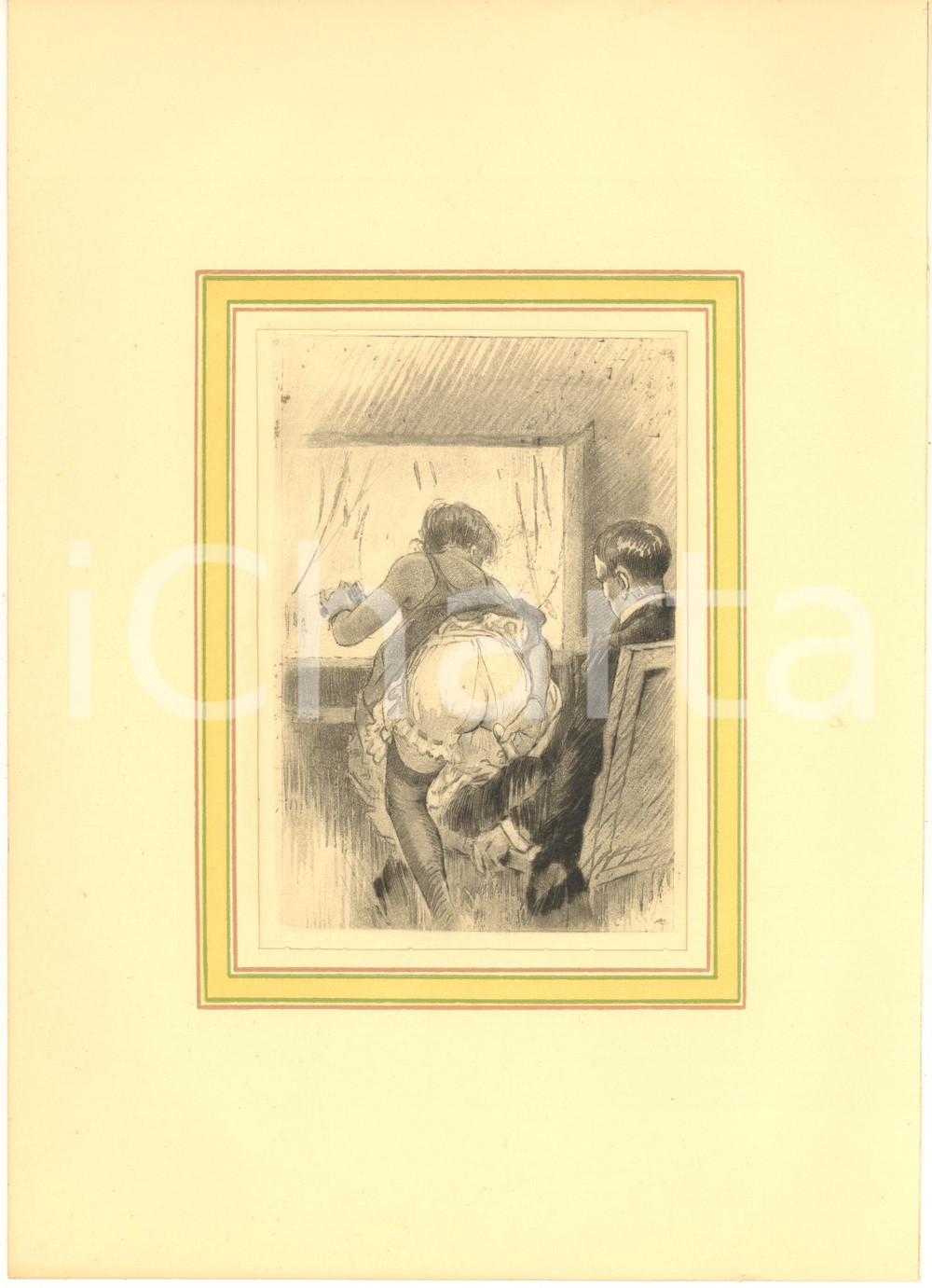 1930 ca VINTAGE EROTIC Couple having sex on a chair - Engraving 20x28 cm  Stampa originale d'epoca, montata su passepartout in cartoncino.CONDIZIONI: G FORMATO: 20x28 cm (cartoncino); 14x19 cm (stampa)    originale e autentica 1