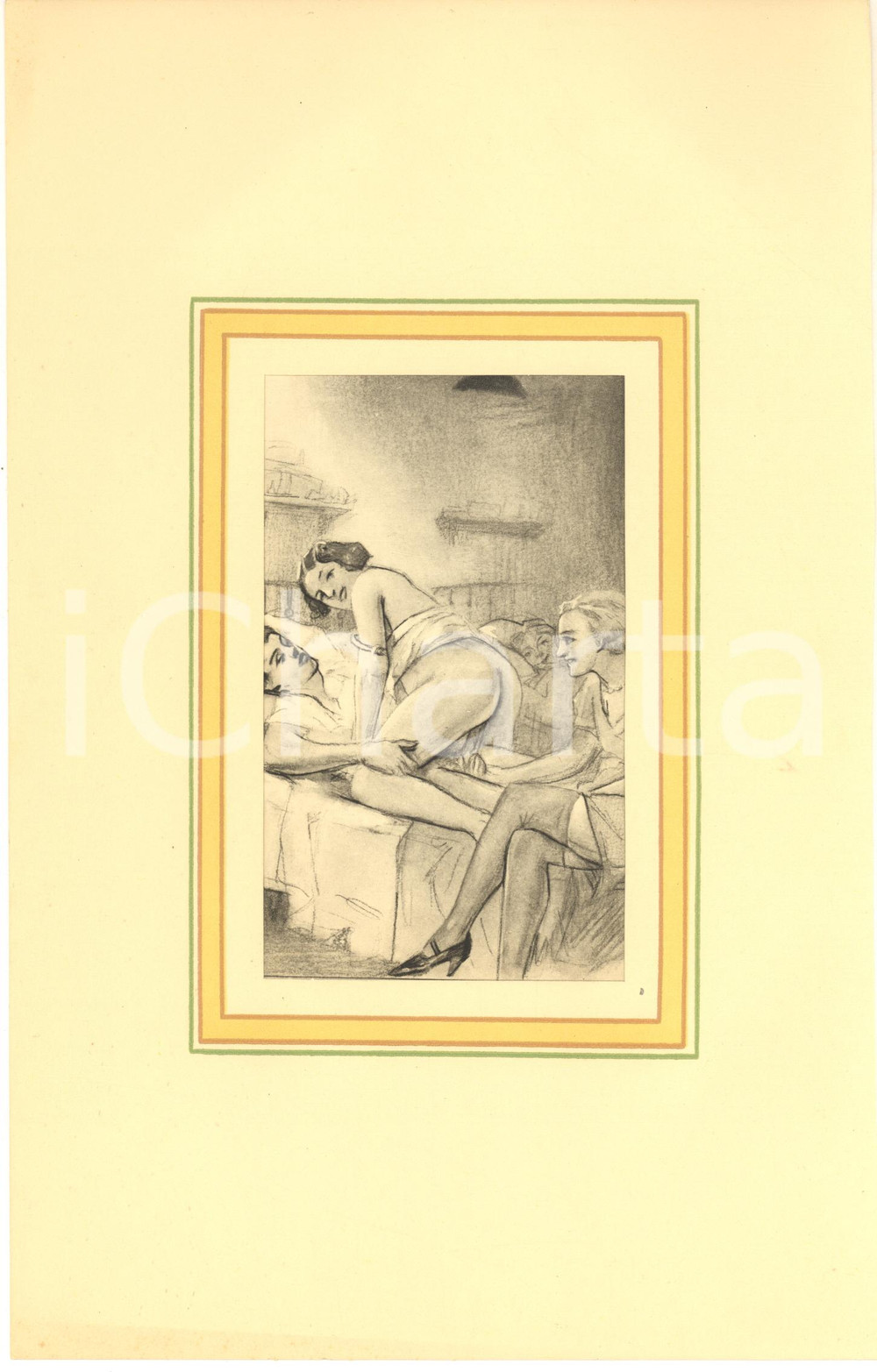 1930 ca VINTAGE EROTIC Group sex in a dormitory - Engraving 20x28 cm  Stampa originale d'epoca, montata su passepartout in cartoncino.CONDIZIONI: G FORMATO: 20x28 cm (cartoncino); 11x17 cm (stampa)    originale e autentica 1