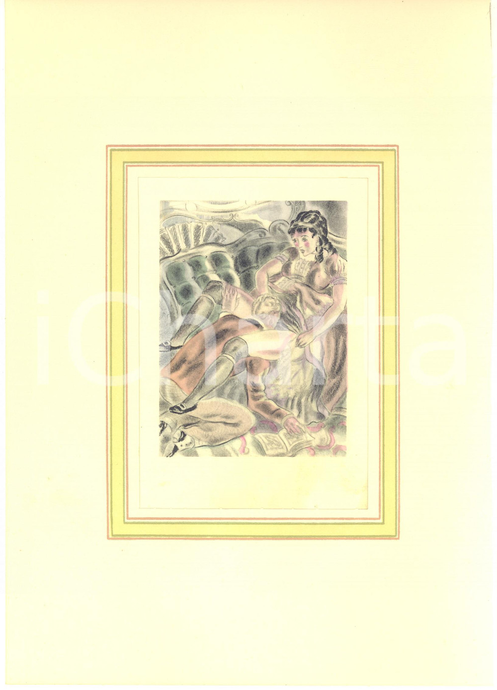 1930 ca VINTAGE EROTIC Couple having sex - Watercolor engraving 20x29 cm  Stampa originale d'epoca, acquerellata, montata su passepartout in cartoncino.CONDIZIONI: GFORMATO: 20x29 cm (cartoncino); 12x16 cm (stampa)    originale e autentica 1