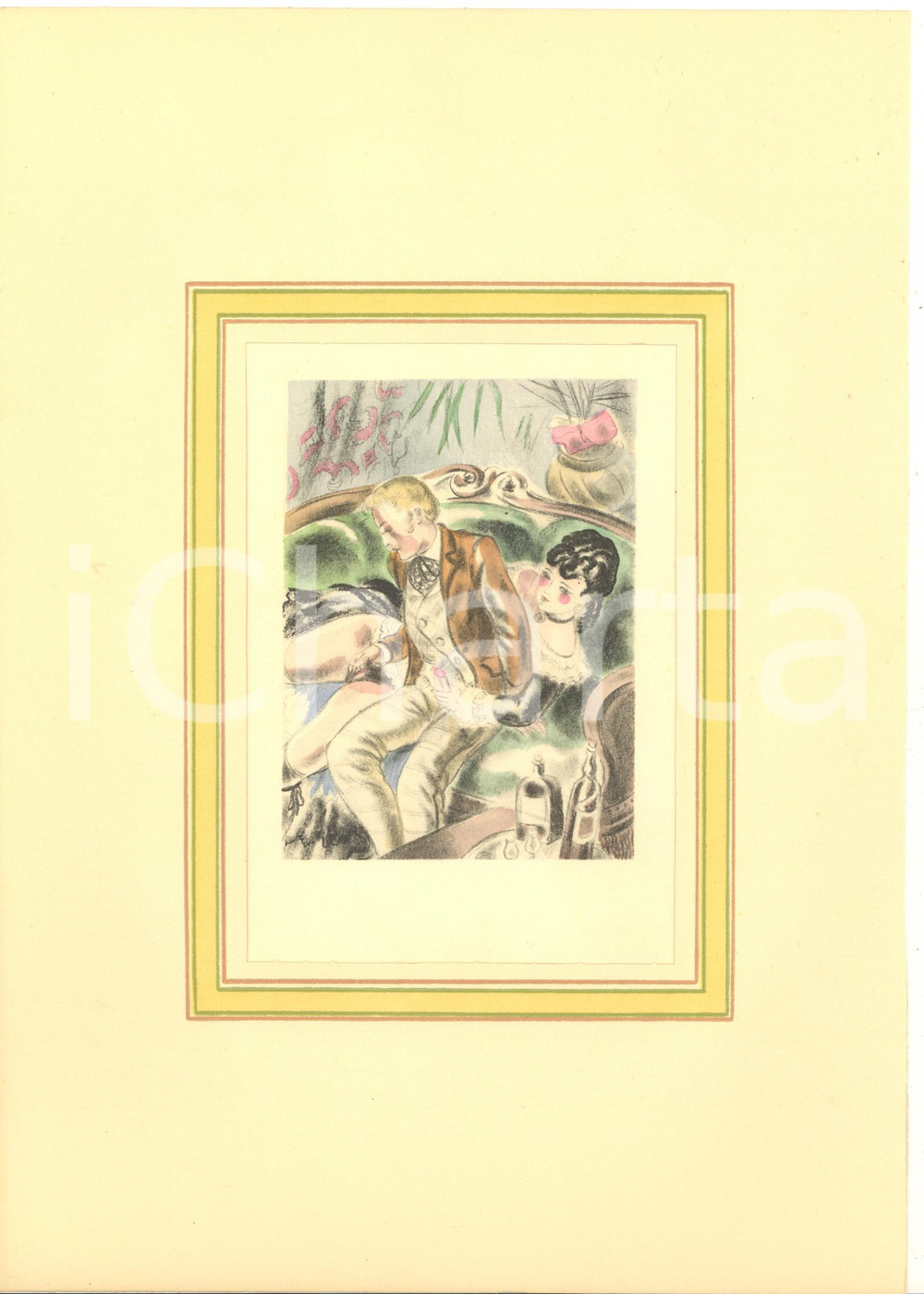 1930 ca VINTAGE EROTIC Couple having sex (2) Watercolor engraving 20x29 cm  Stampa originale d'epoca, acquerellata, montata su passepartout in cartoncino.CONDIZIONI: GFORMATO: 20x29 cm (cartoncino); 12x16 cm (stampa)    originale e autentica 1