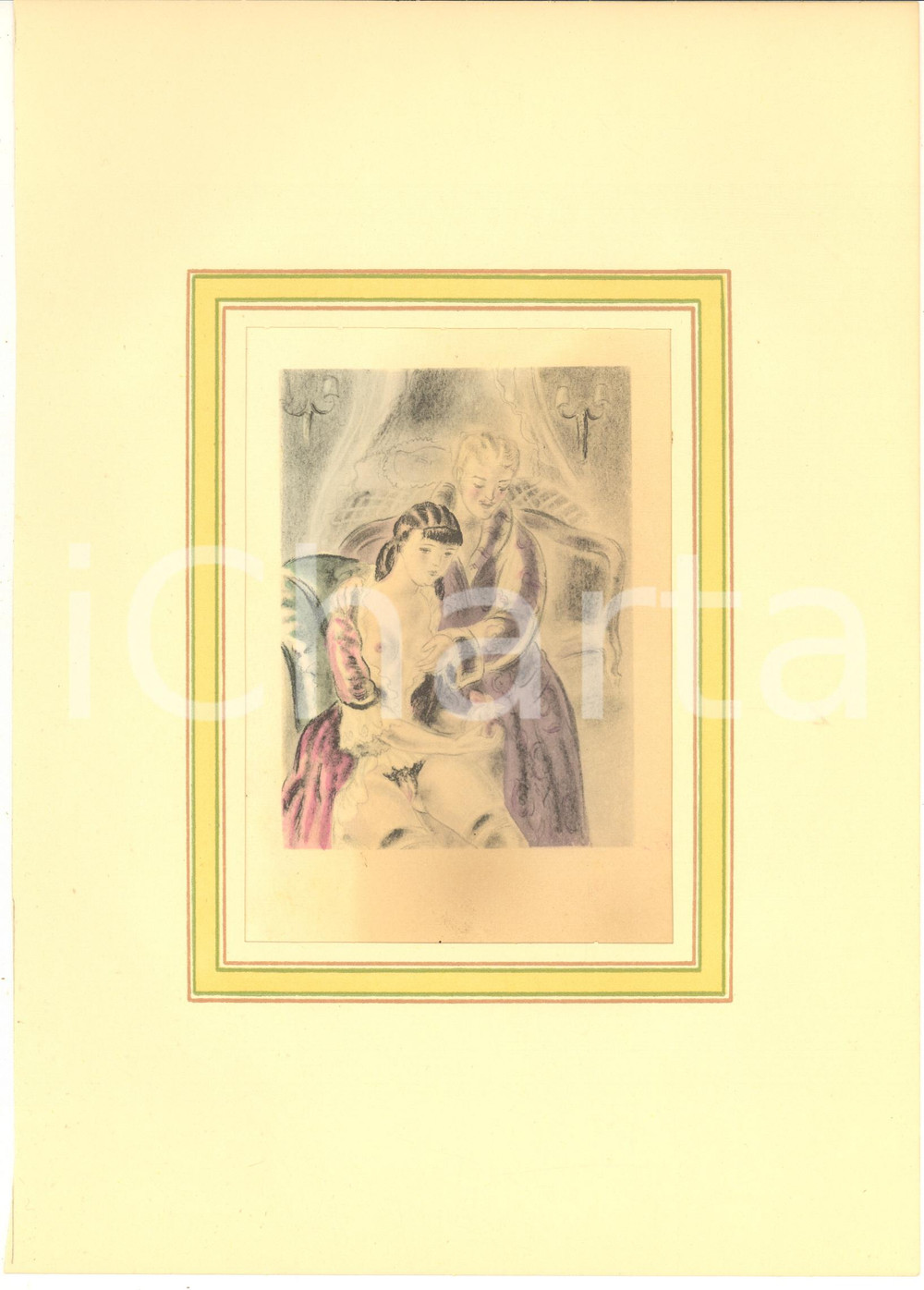 1930 ca VINTAGE EROTIC Couple having sex (3) Watercolor engraving 20x29 cm  Stampa originale d'epoca, acquerellata, montata su passepartout in cartoncino.CONDIZIONI: GFORMATO: 20x29 cm (cartoncino); 12x16 cm (stampa)    originale e autentica 1