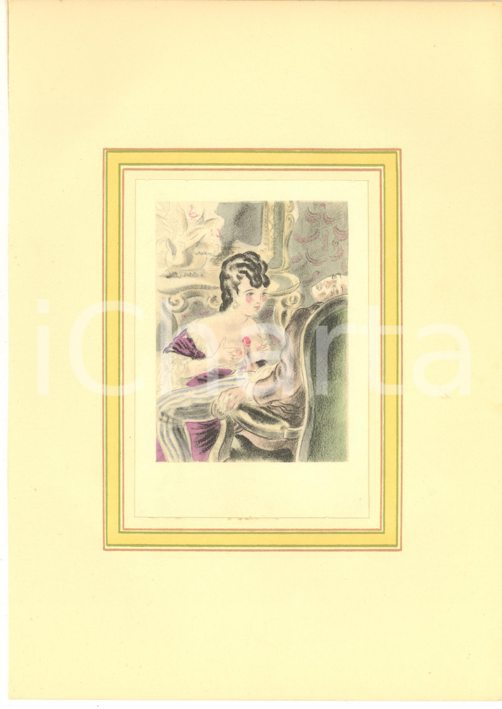 1930 ca VINTAGE EROTIC Couple having sex (4) Watercolor engraving 20x29 cm  Stampa originale d'epoca, acquerellata, montata su passepartout in cartoncino.CONDIZIONI: GFORMATO: 20x29 cm (cartoncino); 12x16 cm (stampa)    originale e autentica 1