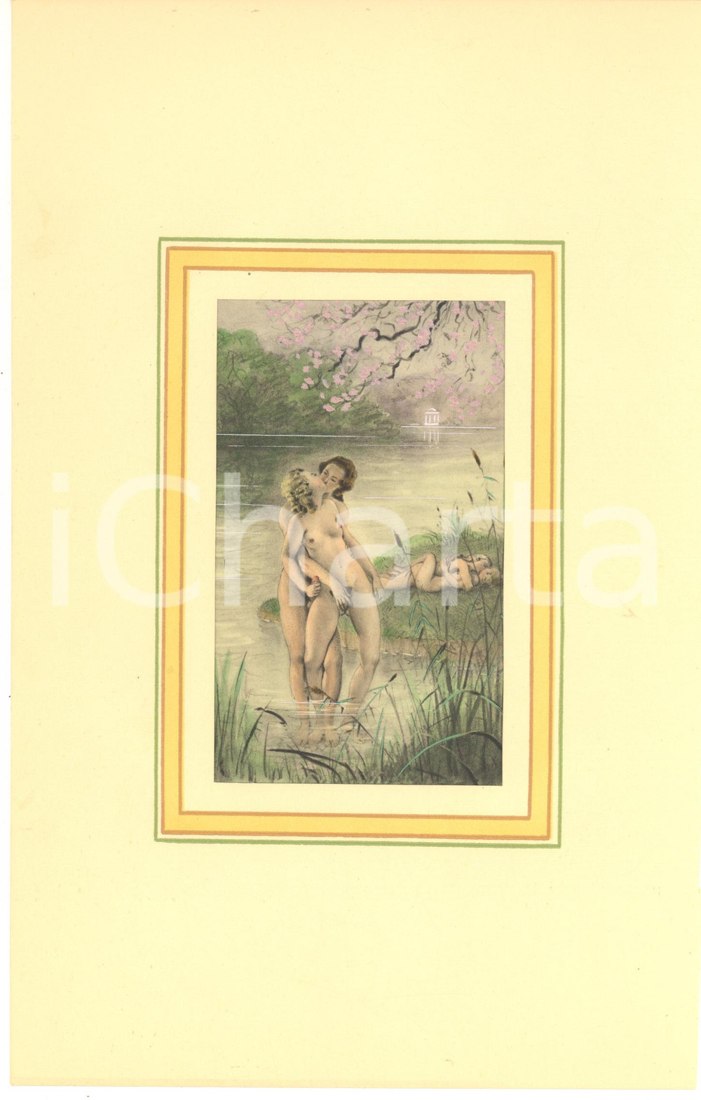 1900 ca VINTAGE EROTIC Couples having sex in a park - Engraving 19x28 cm  Stampa originale d'epoca, a colori, montata su passepartout in cartoncino.CONDIZIONI: GFORMATO: 19x28 cm (cartoncino); 9x13 cm (stampa)    originale e autentica 1