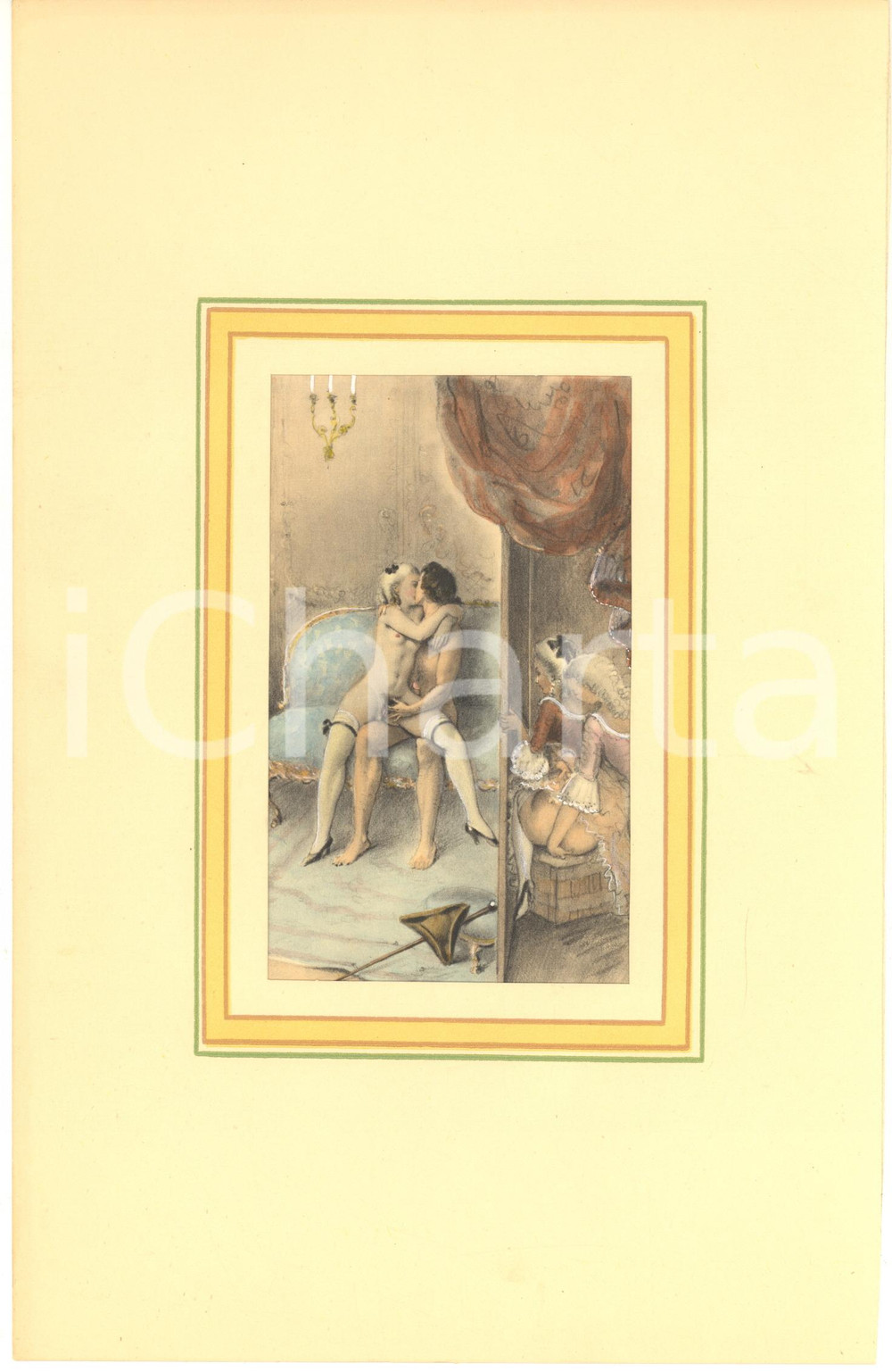 1900 ca VINTAGE EROTIC Lesbian couple spying a sex scene - Engraving 19x28 cm  Stampa originale d'epoca, a colori, montata su passepartout in cartoncino.CONDIZIONI: GFORMATO: 19x28 cm (cartoncino); 9x13 cm (stampa)    originale e autentica 1