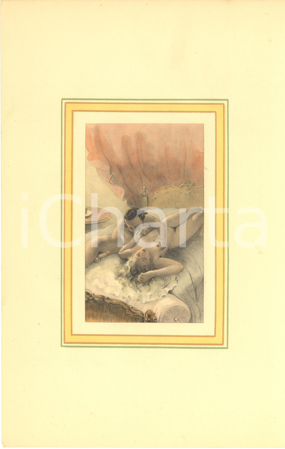 1900 ca VINTAGE EROTIC Nude couple on the bed - Engraving 19x28 cm  Stampa originale d'epoca, a colori, montata su passepartout in cartoncino.CONDIZIONI: GFORMATO: 19x28 cm (cartoncino); 9x13 cm (stampa)    originale e autentica 1