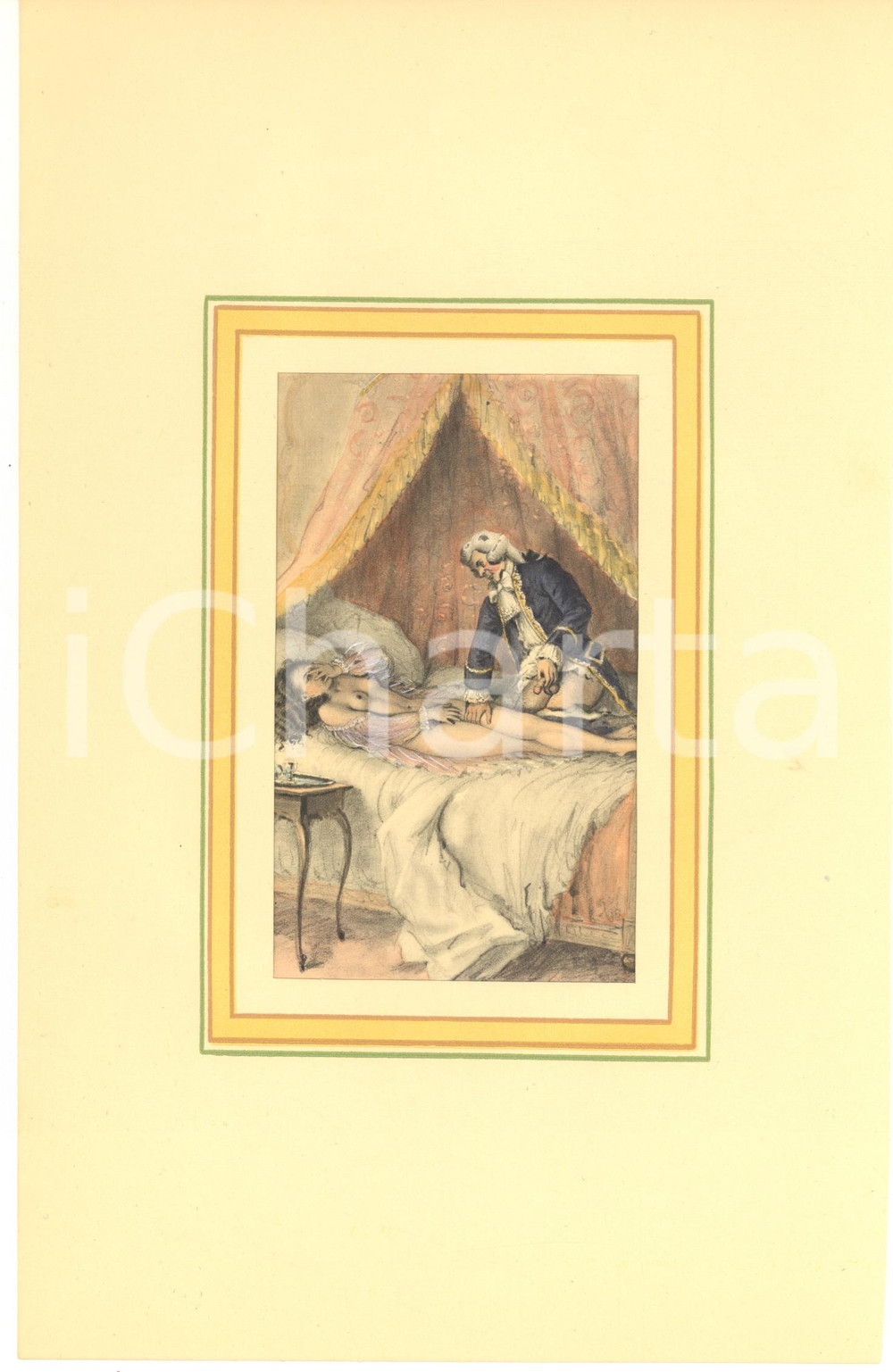 1900 ca VINTAGE EROTIC Couple on the bed - Engraving 19x28 cm  Stampa originale d'epoca, a colori, montata su passepartout in cartoncino.CONDIZIONI: GFORMATO: 19x28 cm (cartoncino); 9x13 cm (stampa)    originale e autentica 1