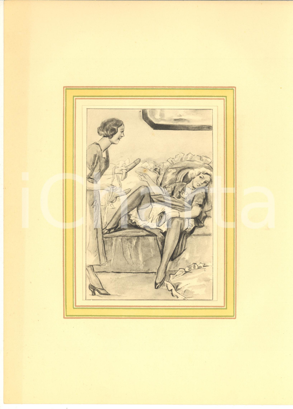 1930 ca VINTAGE EROTIC Lesbian couple with strap-on - Engraving 20x28 cm  Stampa originale d'epoca, montata su passepartout in cartoncino.CONDIZIONI: GFORMATO: 20x28 cm (cartoncino); 13x19 cm (stampa)    originale e autentica 1