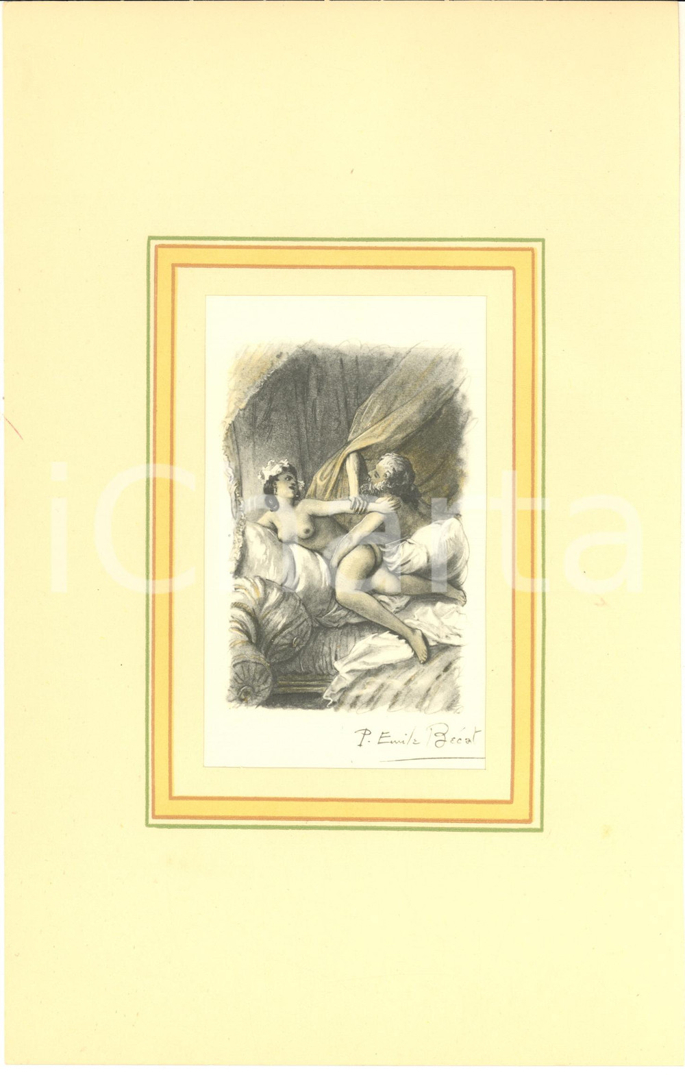 1940 ca VINTAGE EROTIC Paul-Emile BECAT Couple sur le lit - Gravure 18x29 cm  Stampa originale d'epoca, montata su passepartout in cartoncino.CONDIZIONI: GFORMATO: 18x29 cm (cartoncino); 9x13 cm (stampa)    originale e autentica 1