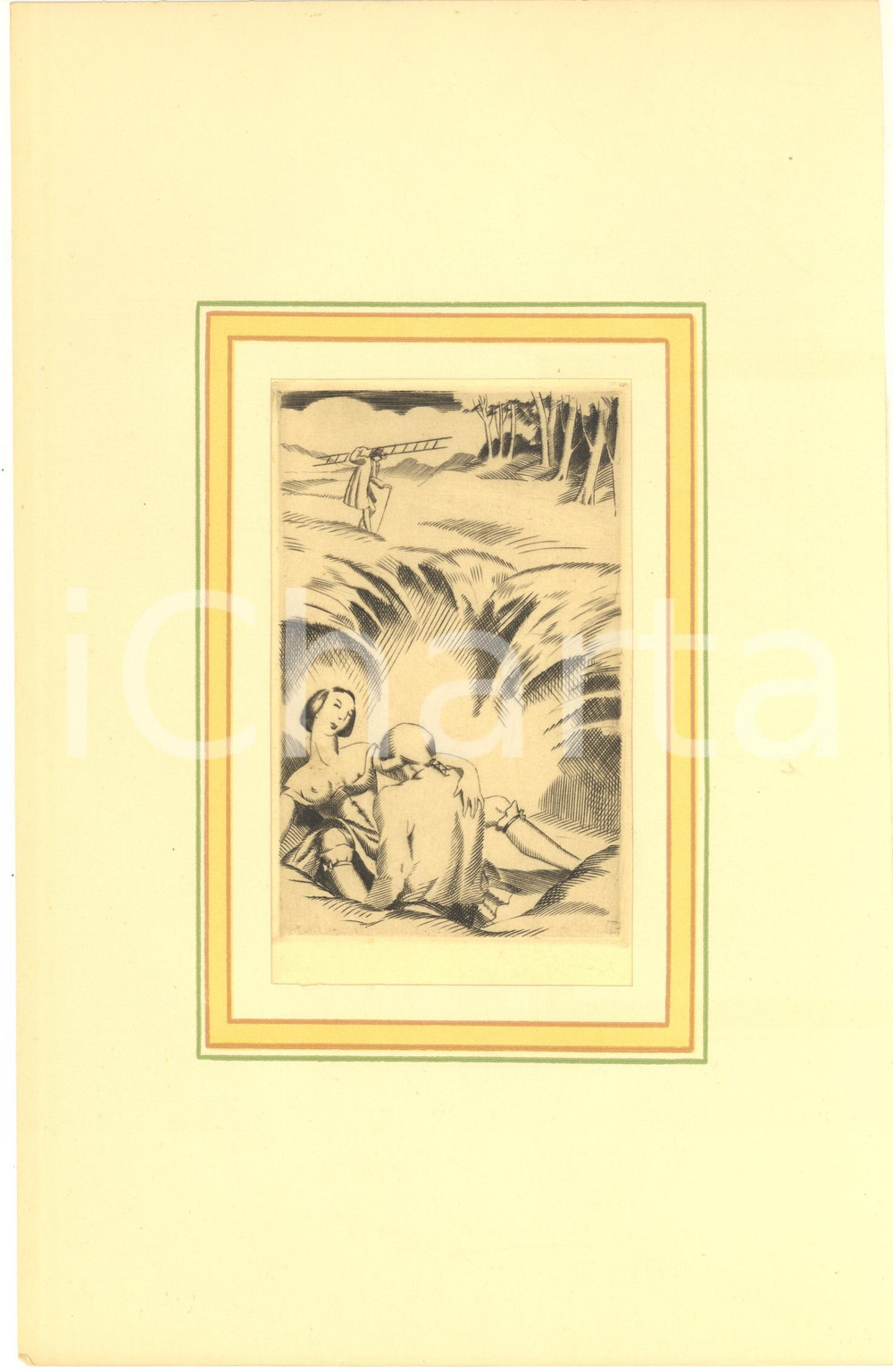 1930 ca VINTAGE EROTIC Couple hidden in a ditch - Engraving 18x29 cm  Stampa originale d'epoca, montata su passepartout in cartoncino.CONDIZIONI: GFORMATO: 18x29 cm (cartoncino); 10x15 cm (stampa)    originale e autentica 1