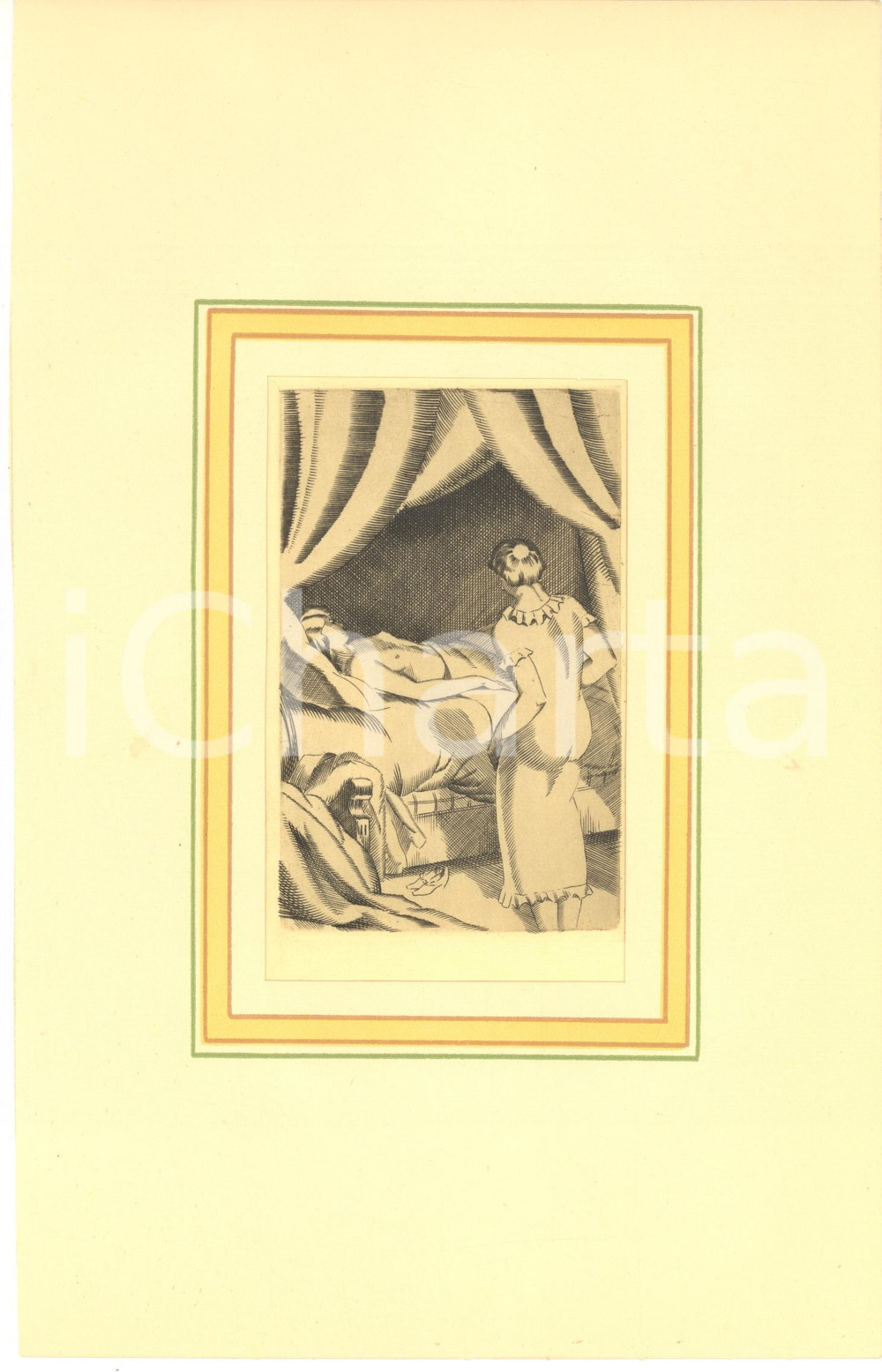 1930 ca VINTAGE EROTIC Lesbian couple in the bedroom - Engraving 18x29 cm  Stampa originale d'epoca, montata su passepartout in cartoncino.CONDIZIONI: GFORMATO: 18x29 cm (cartoncino); 10x15 cm (stampa)    originale e autentica 1