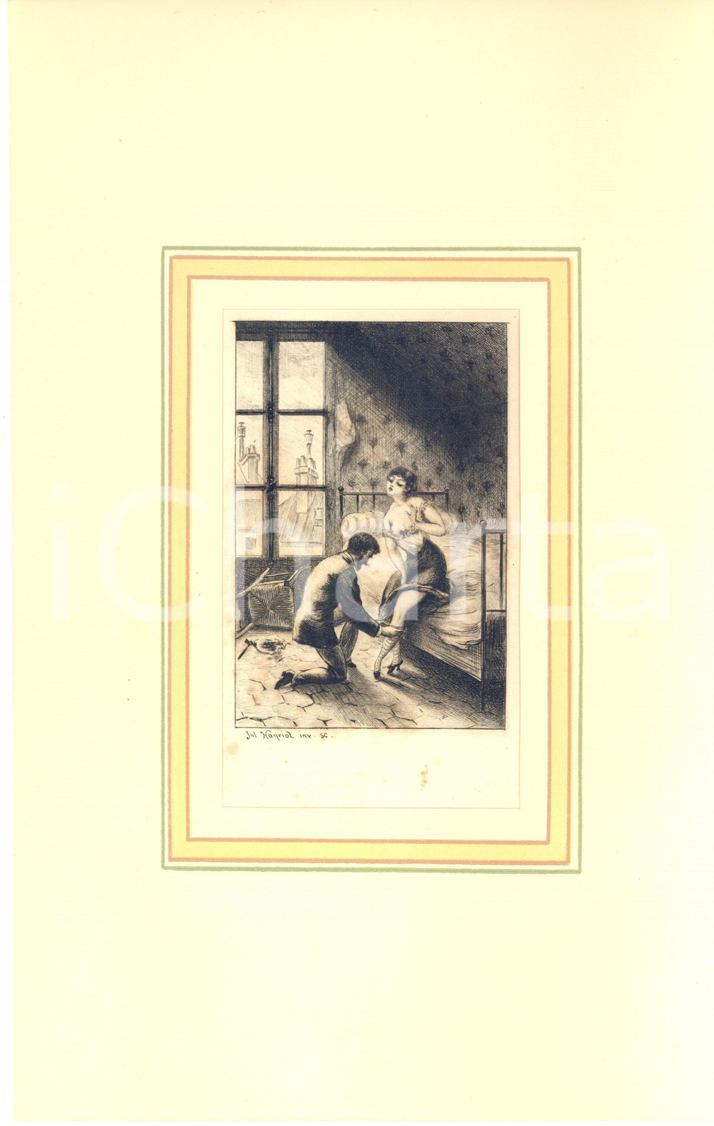 1880 ca Jules-Armand HANRIOT Couple près du lit - Scene érotique *Gravure 18x28  Stampa originale d'epoca, montata su passepartout in cartoncino.CONDIZIONI: GFORMATO: 18x29 cm (cartoncino); 10x15 cm (stampa)    originale e autentica 1