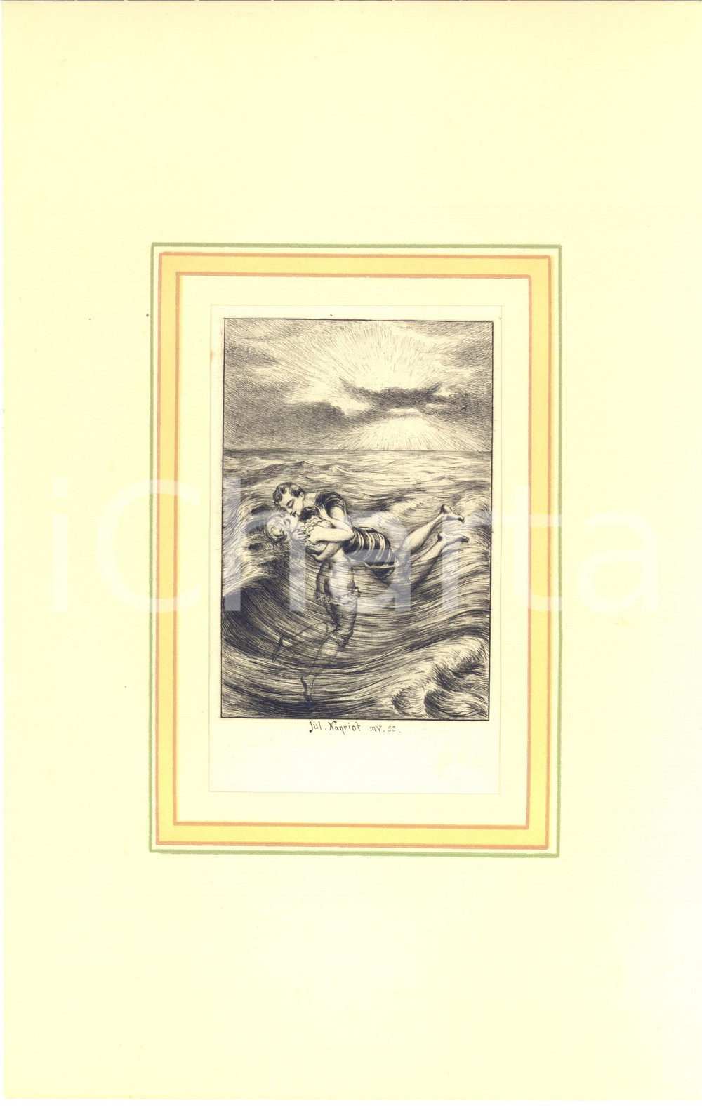 1880 ca Jules-Armand HANRIOT Couple dans la mer - Scene érotique *Gravure 18x28  Stampa originale d'epoca, montata su passepartout in cartoncino.CONDIZIONI: GFORMATO: 18x29 cm (cartoncino); 10x15 cm (stampa)    originale e autentica 1