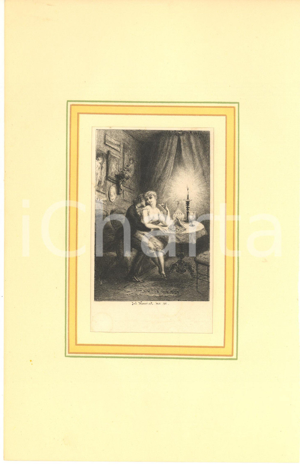 1880 Jules-Armand HANRIOT Couple dans son salon - Scene érotique *Gravure 18x28  Stampa originale d'epoca, montata su passepartout in cartoncino.CONDIZIONI: GFORMATO: 18x29 cm (cartoncino); 10x15 cm (stampa)    originale e autentica 1