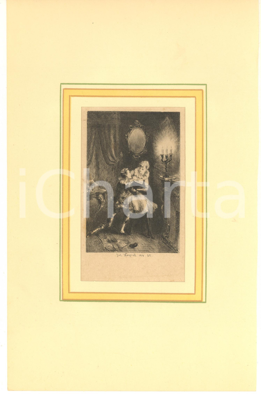 1880 Jules-Armand HANRIOT Couple avec Arlequin dans un boudoir *Gravure 18x28 cm  Stampa originale d'epoca, montata su passepartout in cartoncino.CONDIZIONI: GFORMATO: 18x29 cm (cartoncino); 10x15 cm (stampa)    originale e autentica 1