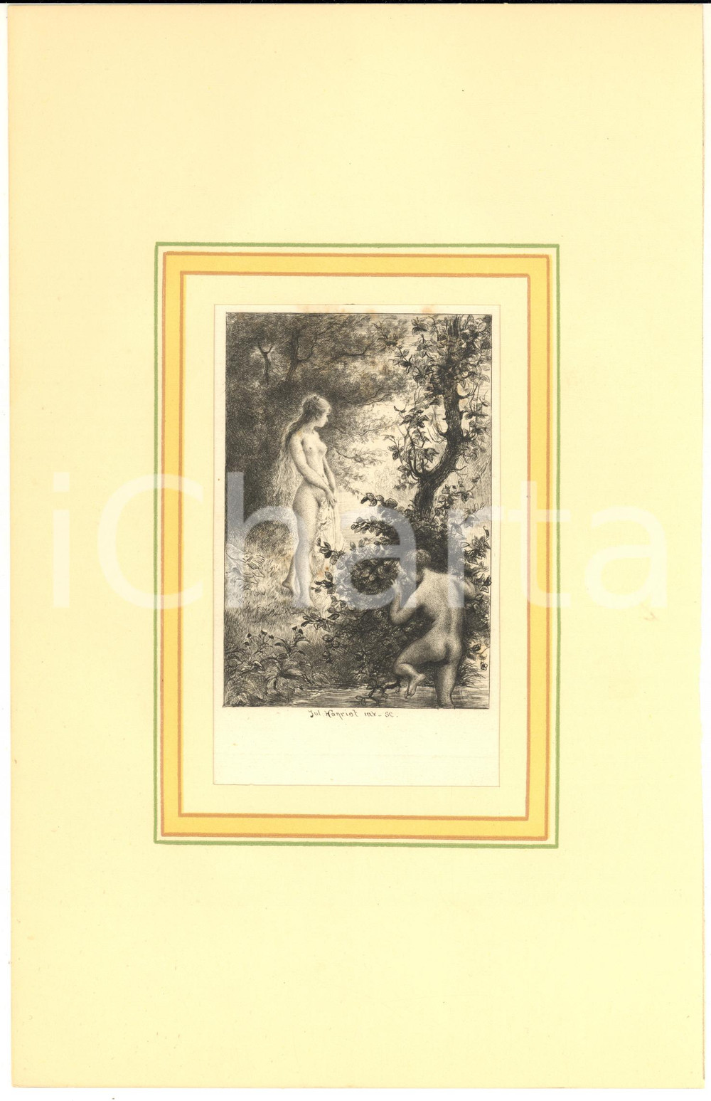 1880 Jules-Armand HANRIOT Nymphe au bord d'un lac - Scene érotique - Gravure  Stampa originale d'epoca, montata su passepartout in cartoncino.CONDIZIONI: GFORMATO: 18x29 cm (cartoncino); 10x15 cm (stampa)    originale e autentica 1