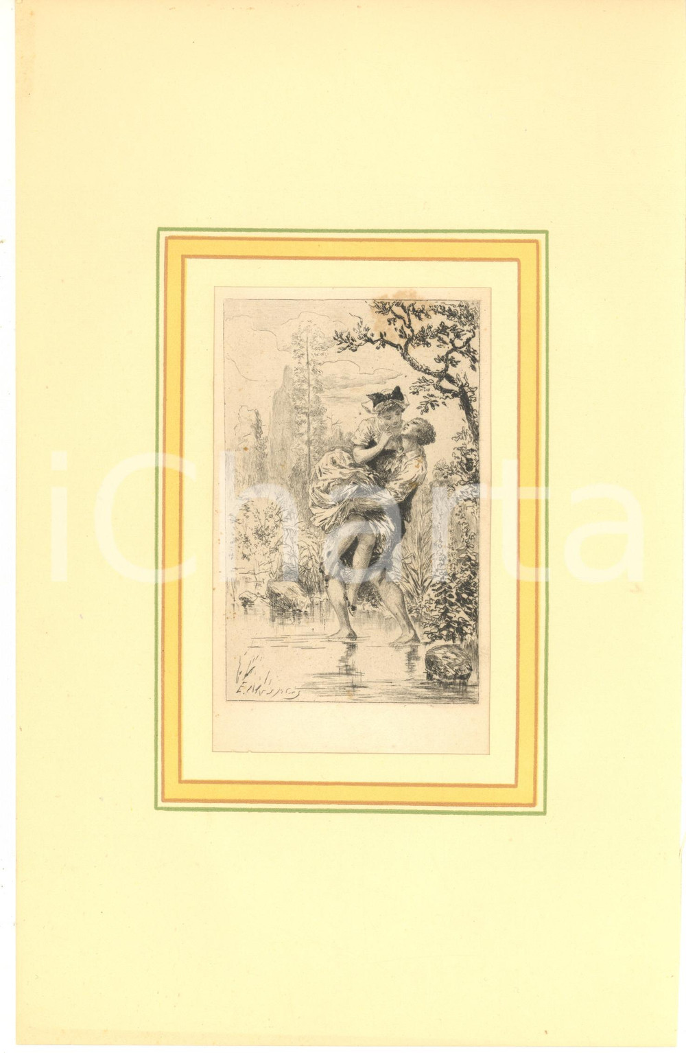 1880 ca VINTAGE EROTIC Couple of lovers near a pool - Engraving 18x29 cm  Stampa originale d'epoca, montata su passepartout in cartoncino.CONDIZIONI: FAIR (minime macchie)FORMATO: 18x29 cm (cartoncino); 9x15 cm (stampa)    originale e autentica 1