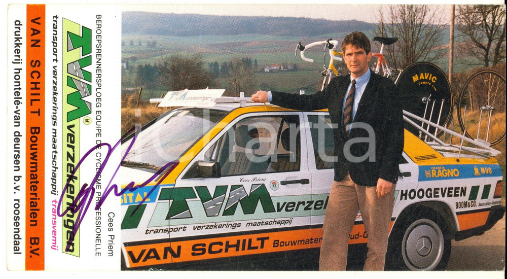 1990 ca CICLISMO Cees PRIEM - Cartoncino TVM Verzekeringen con AUTOGRAFO Cartoncino pubblicitario con foto seriale del ciclista.Autografato.CONDIZIONI: G FORMATO: 20x8 cm    originale e autentica 1