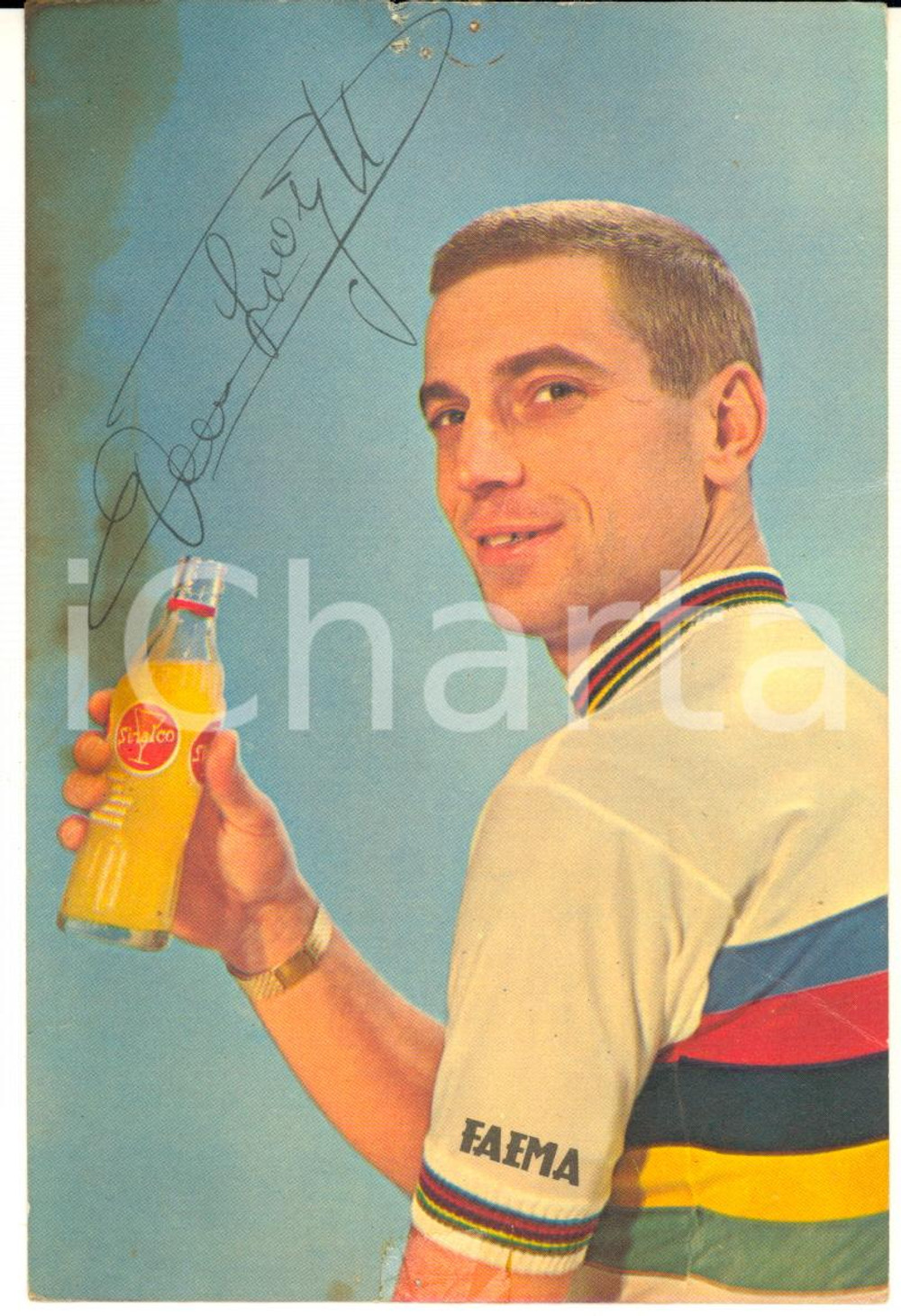 1965 ca CICLISMO Rik VAN LOOY - Cartoncino pubblicitario SINALCO con AUTOGRAFO Cartoncino pubblicitario autografato.CONDIZIONI: POOR (lieve piegatura al lato destro, fori di affissione al margine superiore e macchie)FORMATO: 10x15 cm    originale e autentica 1